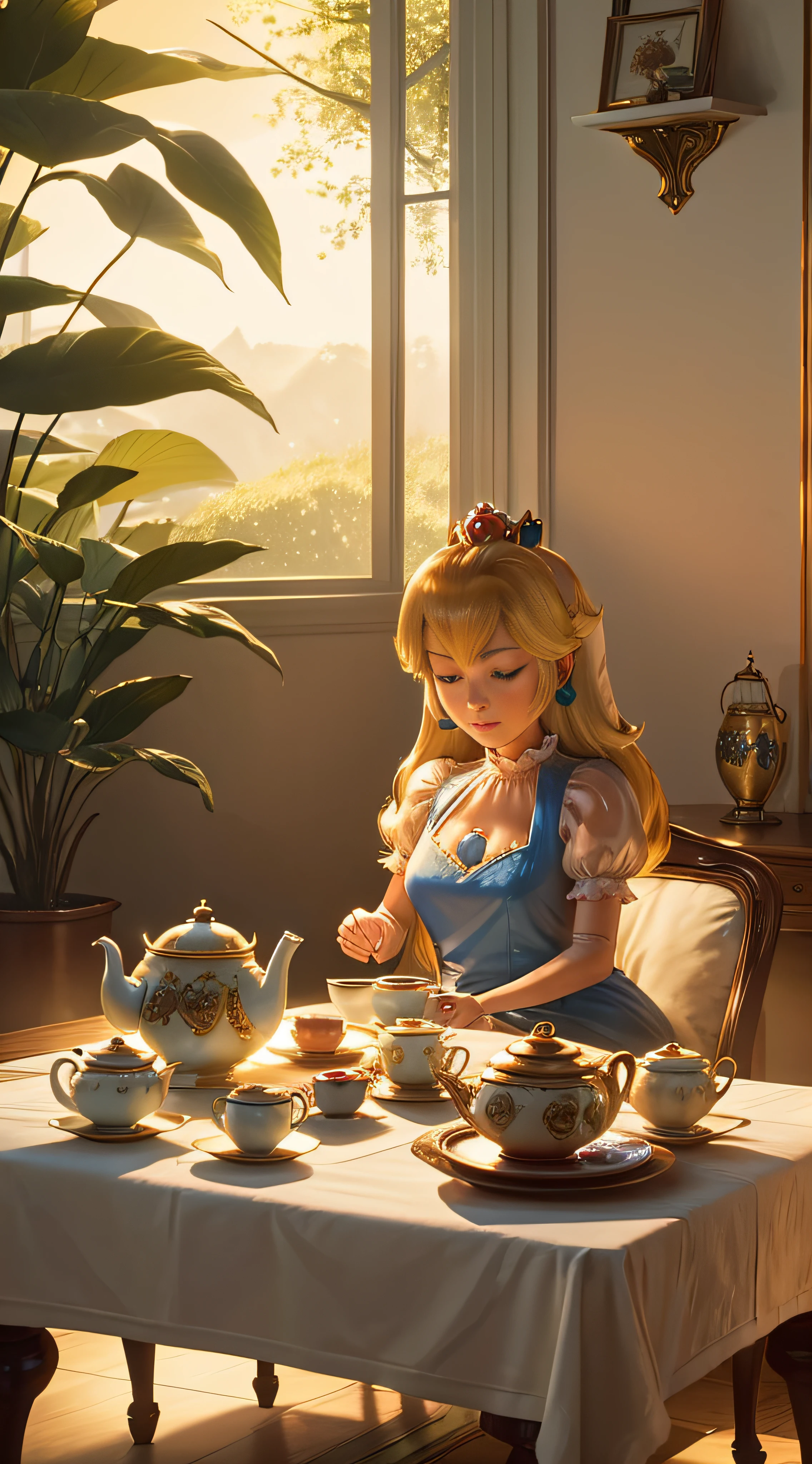 Mario and peach have a hot tea. hot steamed tea cup, hot water, tea leaves, delicate porcelain tea cup, tea aroma, gentle steam rising, infused to perfection, relaxing atmosphere, comfortable environment, warm colors, soft lighting, bright colors, video games, comforting moment, soothing drink, refreshing experience, savoring every sip, detailed tea leaves, stirring spoon, sugar cubes, delicate teapot, quiet afternoon, lazy morning, aromatic infusion, indulging in heat, quiet scene, serene atmosphere, great depth, meticulously painted ceramics, exquisite craftsmanship, realistic representation of liquid, subtle reflections of light, sublime details, captivating work.