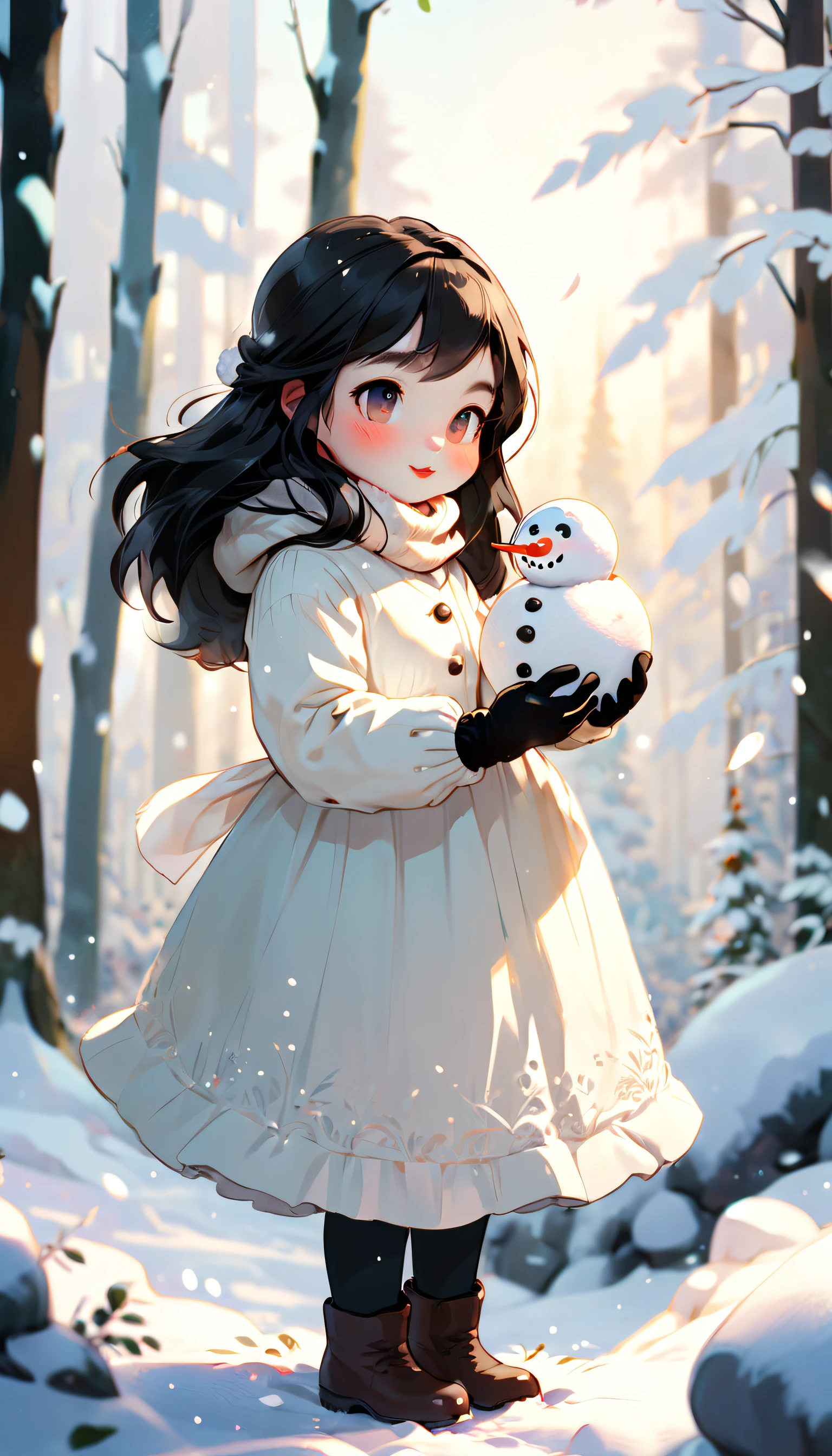 *********** in gloves building a snowman in a winter forest, Black long hair, Prospect，white long sleeve dress, winter, yukito, Snow scene, Warm light, Outdoors, fairytale-like, fantasy, Bright background, Blank top frame, victo ngai style, Best quality 8k, Super detailed