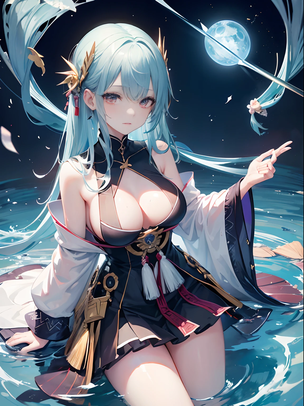 Kinuko Y. Craft, George Asakura, Surreal, mysterious, bizarre, fantastical, fantasy, Sci-fi, Japanese anime, genre boundaries dissolve, architecture, art, music, theater, hourglass, compass, polyhedron, miniskirt beautiful girl floating in the brackish waters of "statue" and "art", perfect voluminous body, wet, detailed masterpiece