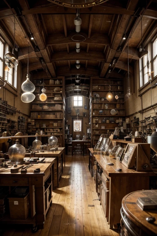 In the heart of an inventor's lab, a symphony of innovation unfolds. Cogs and gears turn in rhythmic precision, while bubbling concoctions emit an ethereal glow. Shelves groan under the weight of curiosities and contraptions, their secrets waiting to be revealed.
A grand oak desk, strewn with blueprints and parchment, serves as the inventor's command center. A ceiling adorned with hanging sketches and flying prototypes captures the essence of creativity. The air hums with the buzz of experimentation, as Tesla coils crackle with electric arcs, and a clinking sound of tinkering fills the space.
Surrounded by his mechanical companions, the inventor's laboratory is a haven of limitless possibility, where dreams and ideas come to life.
