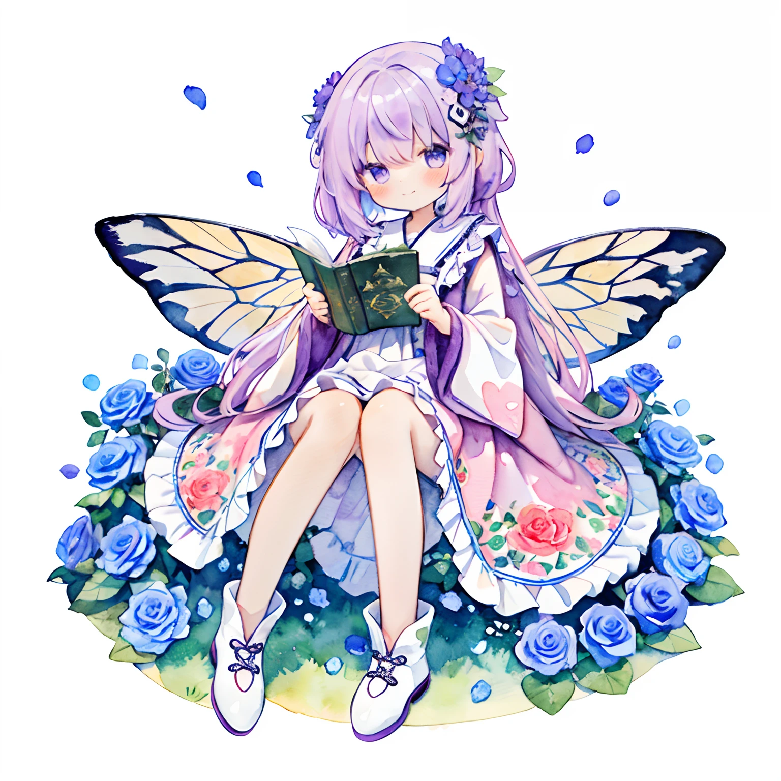 (Purple Theme),1girl in, Solo, flower, Purple hair, Braid hair, Wings, White background, purple flower, Hair Ornament, Boken, Purple eyes, Sitting, Hair Flower, Dress, frilld, Simple background, white footwear, Looking at Viewer, Bangs, flower petals, Wide sleeves, Full body, blue flower, Holding, long boots, Long sleeves, Closed mouth, Very long hair, open book, Wrist cuffs, White Dress, holding book, Butterfly wings, , Pink Rose, blush, purple flower, frilly dress, fairy wings, frilly sleeves,   (PastelColors:1.3)、(Cute illustration:1.3)、(watercolor paiting:1.3)、A smile