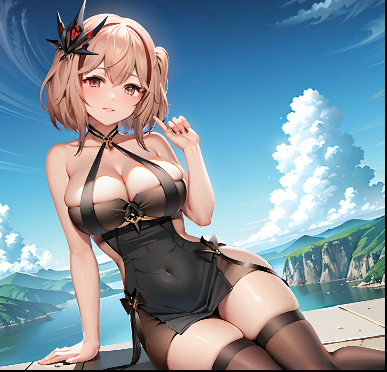 masterpiece, best quality, extremely detailed 8K wallpaper, 1girl, roon(azur lane), black thighhighs, streaked hair,