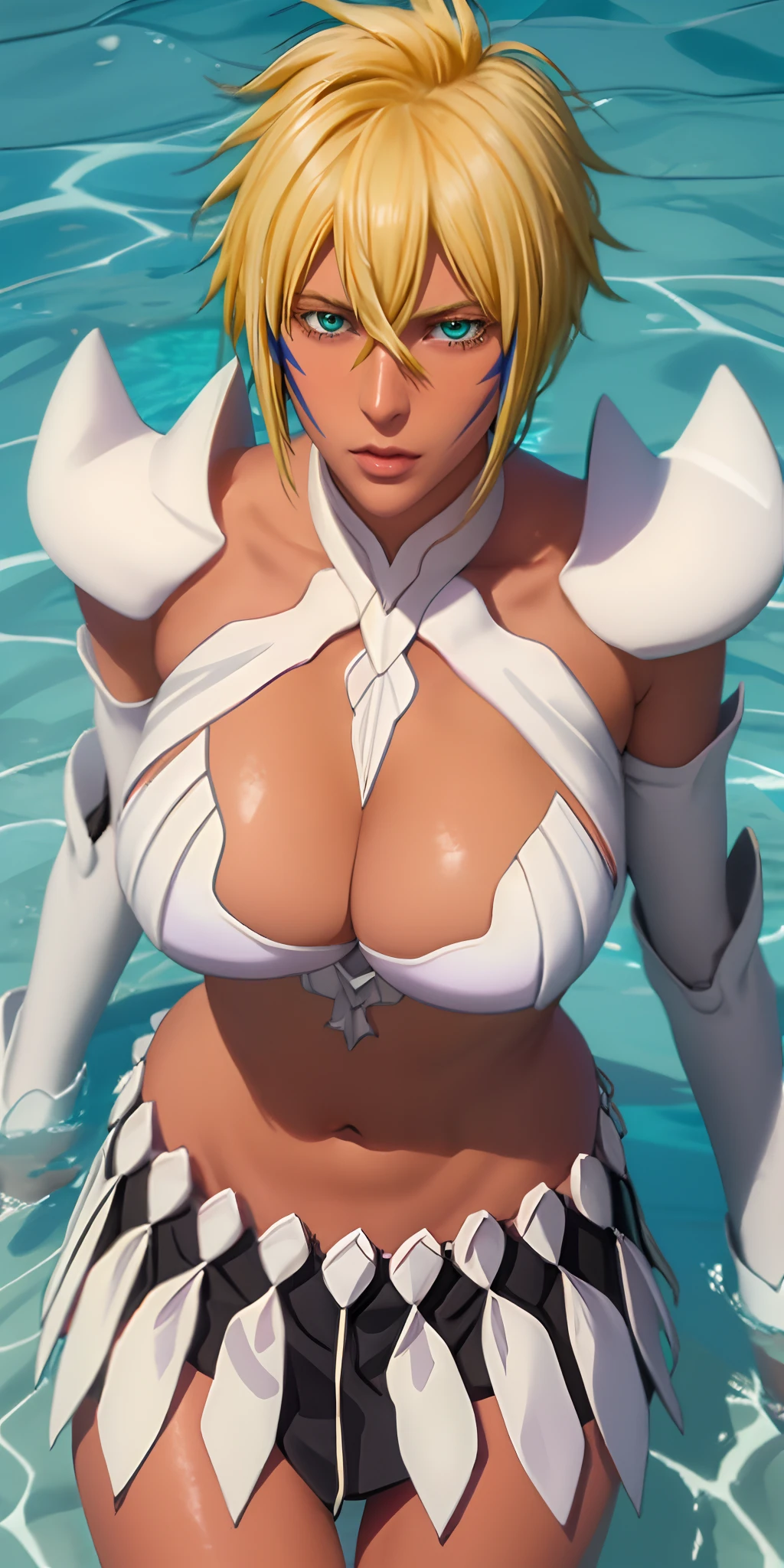 （（（Haribert layer, Short hair, Blonde hair,  dark skinned female, face markings, Armor, pauldrons, Skirt, cleavage, cleavage cutout, midriff, navel, 鎖骨,Tear Halibel(Armor),Crop top，Brown skin，Turquoise eyes，Short blonde hair，The cheeks have dark blue lightning-like facial lines，Black and white armor））），((Masterpiece)),A high resolution, ((Best quality))，tmasterpiece，top-quality，best qualityer，（（（ Exquisite facial features，looking at viewert,There is light in the eyes ））），（（（Light and shadow interlace，huge boob））），（（（Arapei Asian woman poses for a photo, Sexy girl, 2 9 years old, 1 9 year old, Crop top, 18 years old, 21 years old, 19-year-old girl，lying in water）））