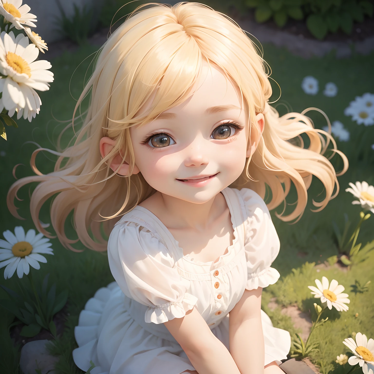 A girl enjoying the gentle breeze with a cute smile, bathed in soft light. The artwork is in high definition (HD) and has a chibi style, portraying a child with blonde hair. The girl's face is filled with happiness and the overall image has a touch of realism. The artwork is of the highest quality, with a resolution of 8K.