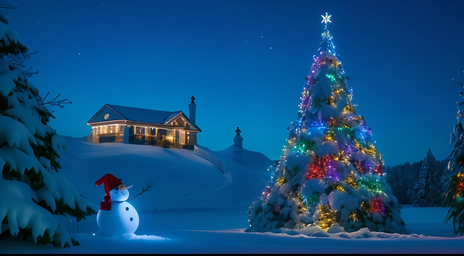 (best quality,4k,8k,highres,masterpiece:1.2),ultra-detailed,(realistic,photorealistic,photo-realistic:1.37),christmas tree,snowman,house, snowy winter Christmas night,silent night, wallpaper - 1 0 2 4, festive, high definition wallpaper, !!awesome!!, highly decorated, 🕹️ 😎 🔫 🤖 🚬, christmas, winter scene fantasy, christmas lights decoration, 4k, ultra-high definition, 8k, high quality, multiple details, high definition