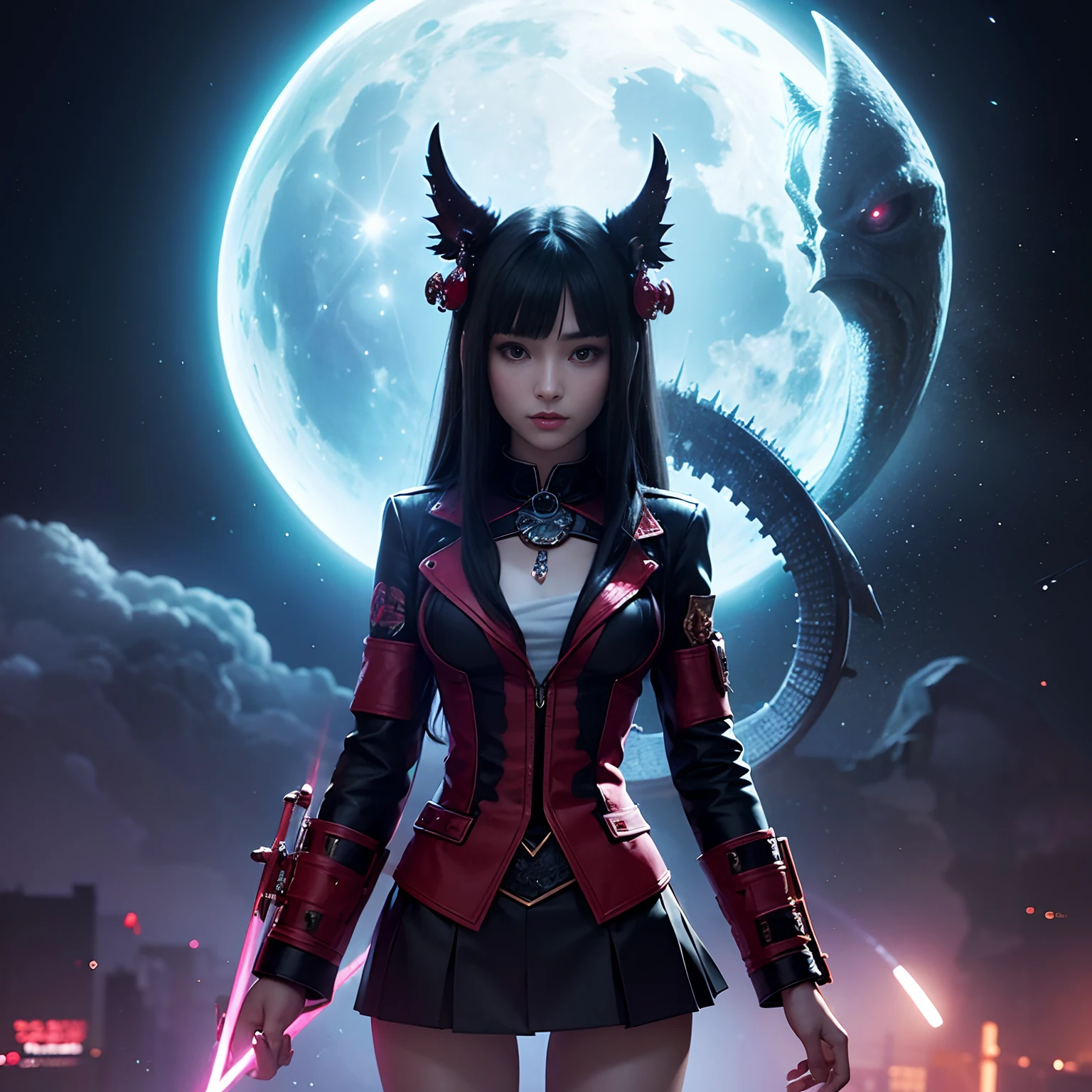 Anne Stokes, Katsuhiro Otomo, Surreal, mysterious, strange, fantastical, fantasy, Sci-fi, Japanese anime, Leviathan, violin voice, miniskirt beautiful girl puppet party, perfect voluminous body, amusement park on the dark side of the moon, detailed masterpiece depth of field cinematic lighting