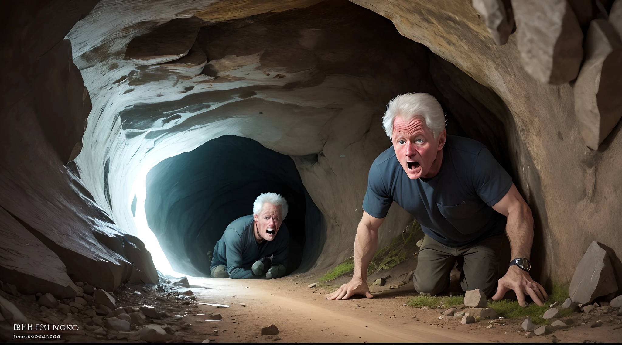 Real photograph of 1 Bill Clinton lost in a dark cave, scared and afraid. Spelunking footage
