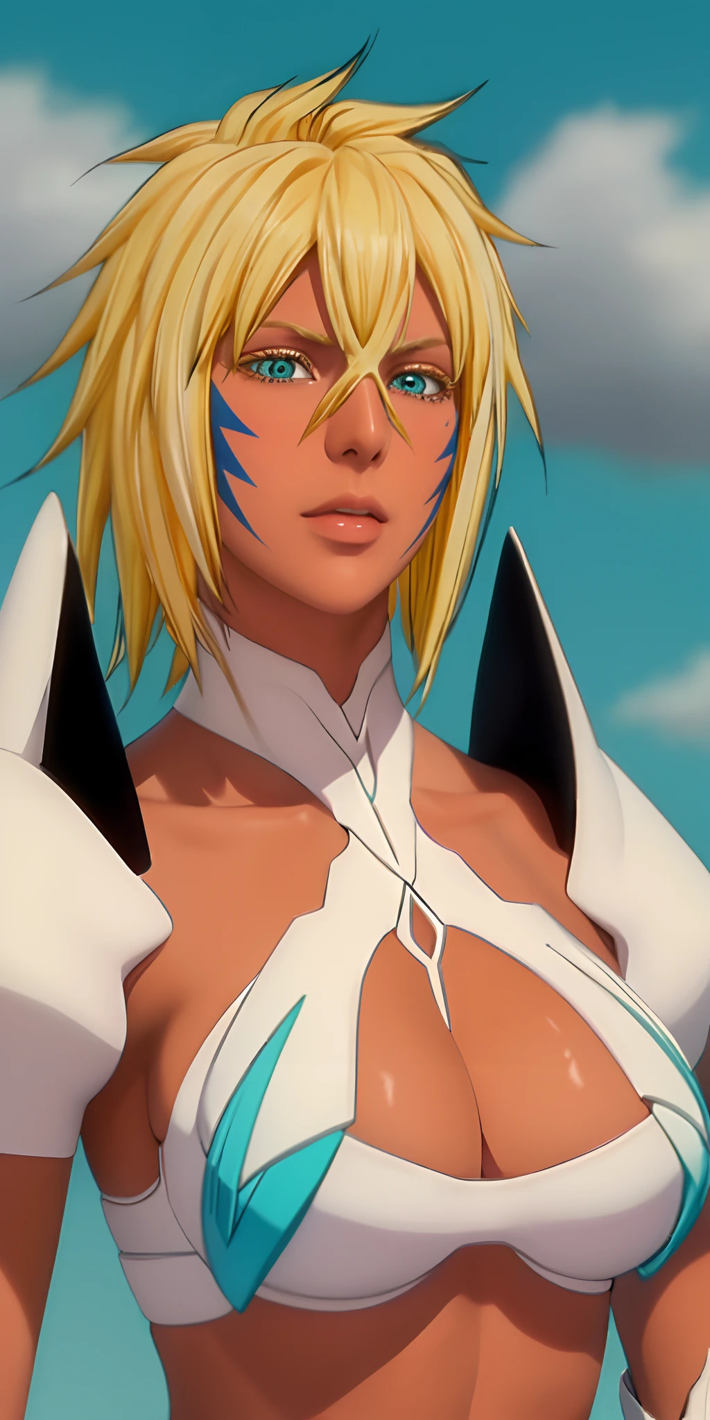 （（（Haribert layer, Short hair, Blonde hair, dark skinned female, face markings, Armor, pauldrons, Skirt, cleavage, cleavage cutout, midriff, navel, 鎖骨,Tear Halibel(Armor),Crop top，Brown skin，Turquoise eyes，Short blonde hair，The cheeks have dark blue lightning-like facial lines，Black and white armor））），((Masterpiece)),A high resolution, ((Best quality))，tmasterpiece，top-quality，best qualityer，（（（ Exquisite facial features，looking at viewert,There is light in the eyes ））），（（（Light and shadow interlace，huge boob））），（（（Arapei Asian woman poses for a photo, Sexy girl, 2 , 1 9 year old, Crop top, 18 years old, 21 years old, 19-year-old girl）））