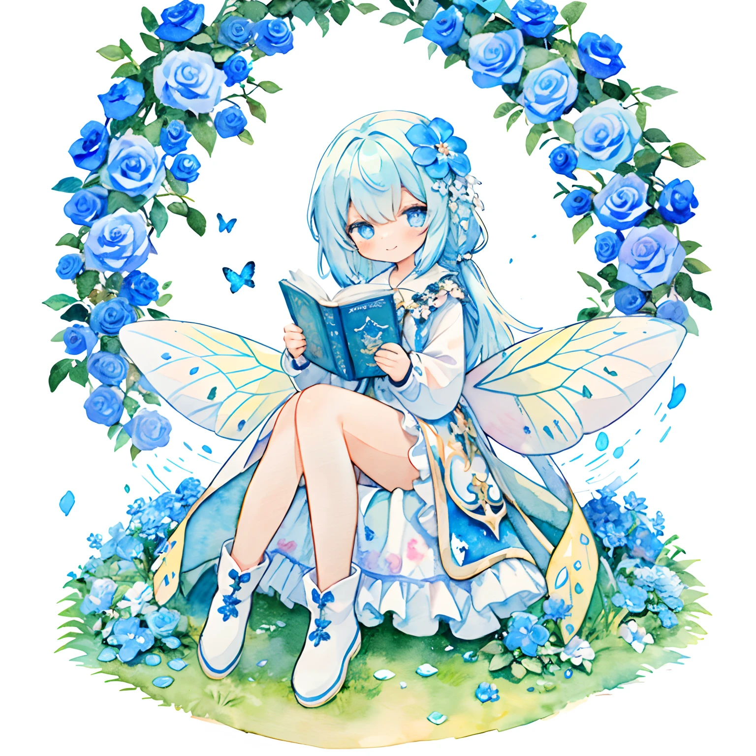 (Blue Theme),1girl in, Solo, flower, Blue-haired, Braid hair, Wings, White background, Blue flowers, Hair Ornament, Boken, Blue eyes, Sitting, Hair Flower, Dress, frilld, Simple background, white footwear, Looking at Viewer, Bangs, flower petals, Wide sleeves, Full body, blue flower, Holding, long boots, Long sleeves, Closed mouth, Very long hair, open book, Wrist cuffs, White Dress, holding book, Butterfly wings, , Pink Rose, blush, purple flower, frilly dress, fairy wings, frilly sleeves, (PastelColors:1.3)、(Cute illustration:1.3)、(watercolor paiting:1.3)、A smile