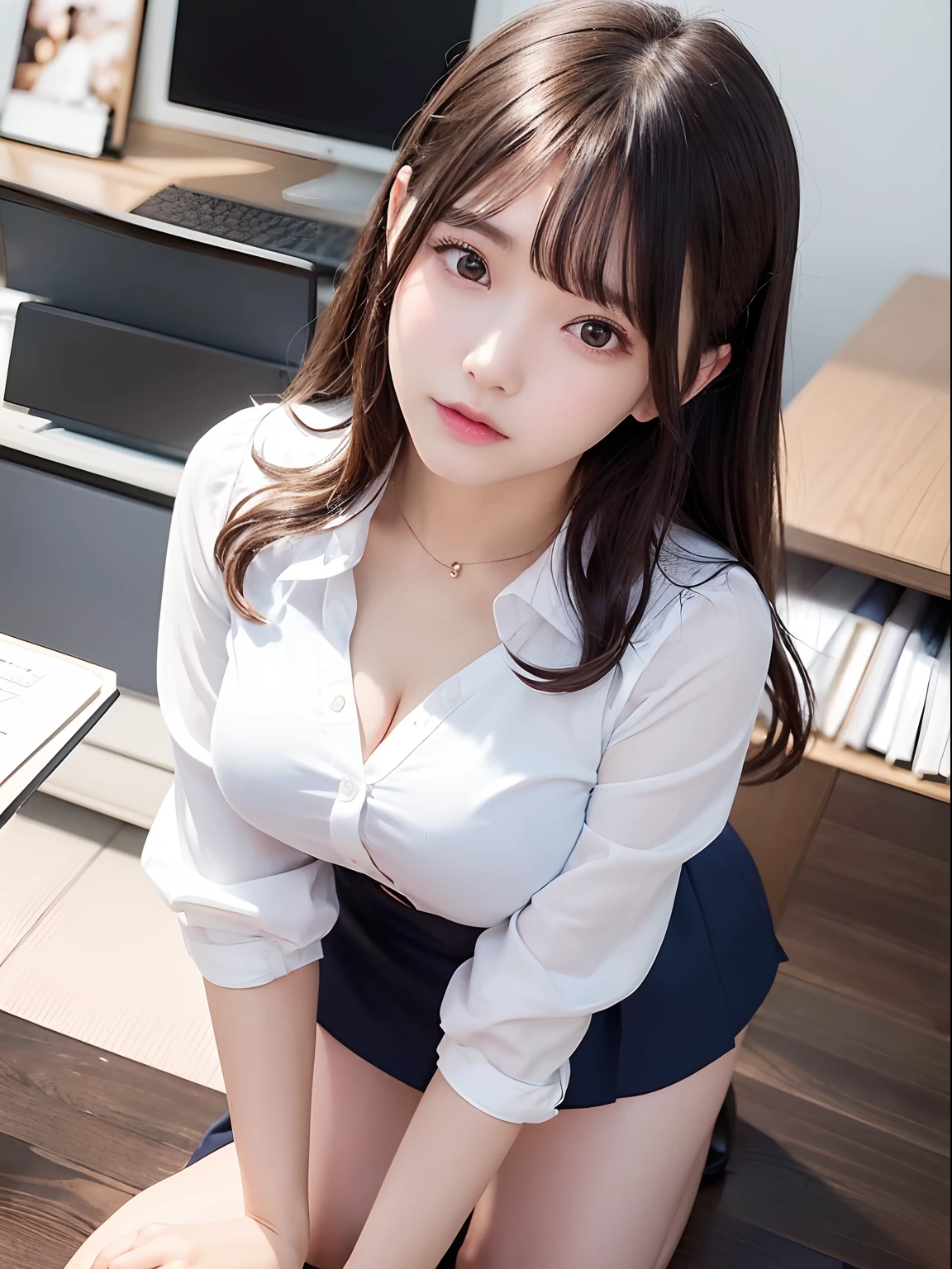 Photorealistic:1.3, masutepiece, Best Quality, ((1 beautiful woman)), Japanese, Office Worker, Smiling, Slender Abs, tiny chest, In a white business blouse, Unbuttoned, cleavage, Black tight mini skirt, Sit in an office chair with your legs open, Beautiful long legs, (Full body), Beautiful face, Beautiful eyes, Detailed face, Detailed eyes, in a office, 8K resolution