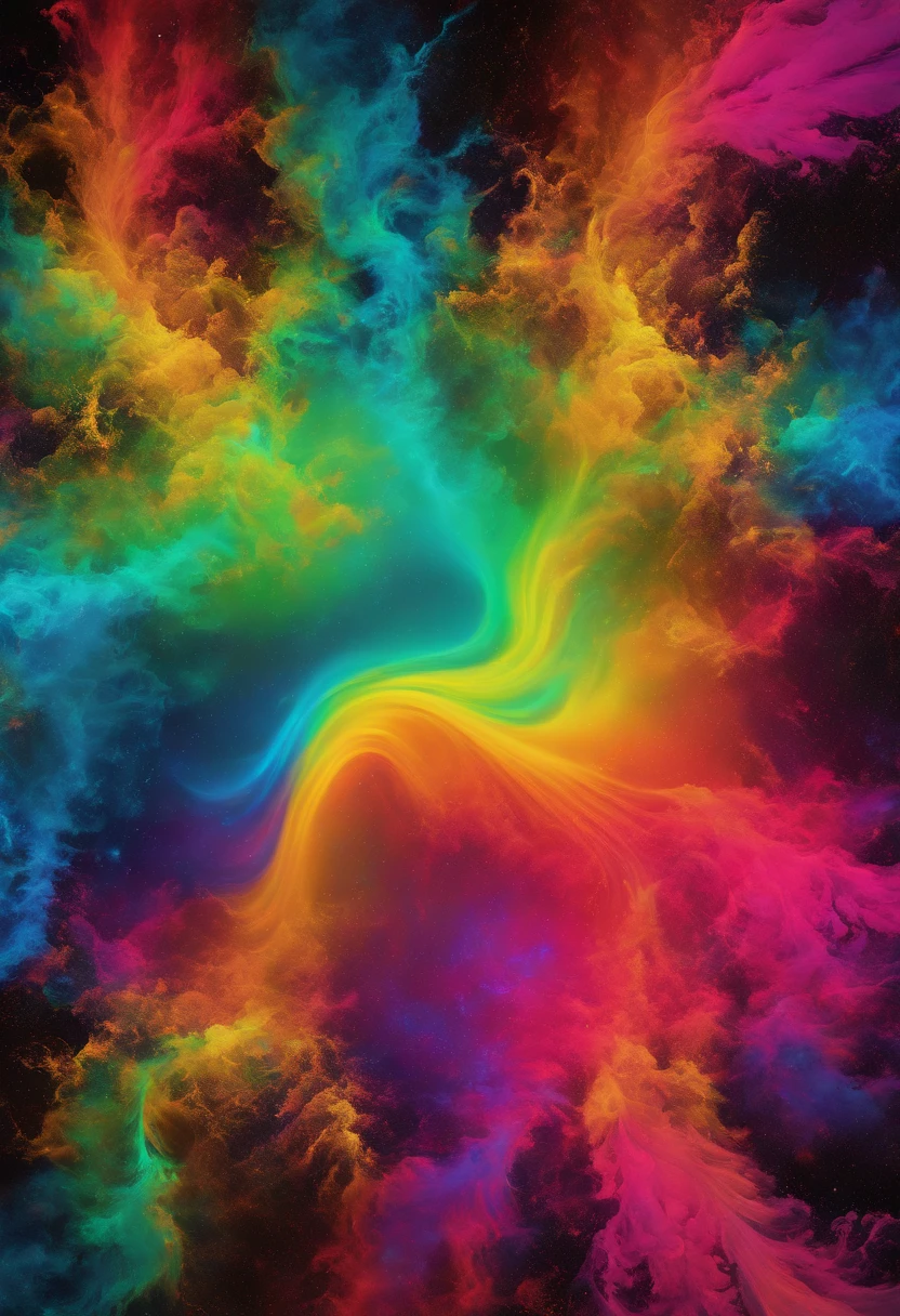 Bold neon colors, Splash Art, Splattered neon colors, (Iridescent glowing smoke) ((Motion Effect)), Best Quality, Wallpaper Art, nffsw, Center Image, M Schiffer Art, ((Flat color)), (cel-shading style) Very bold neon colors, (High color saturation) sloping, Psychedelic environment