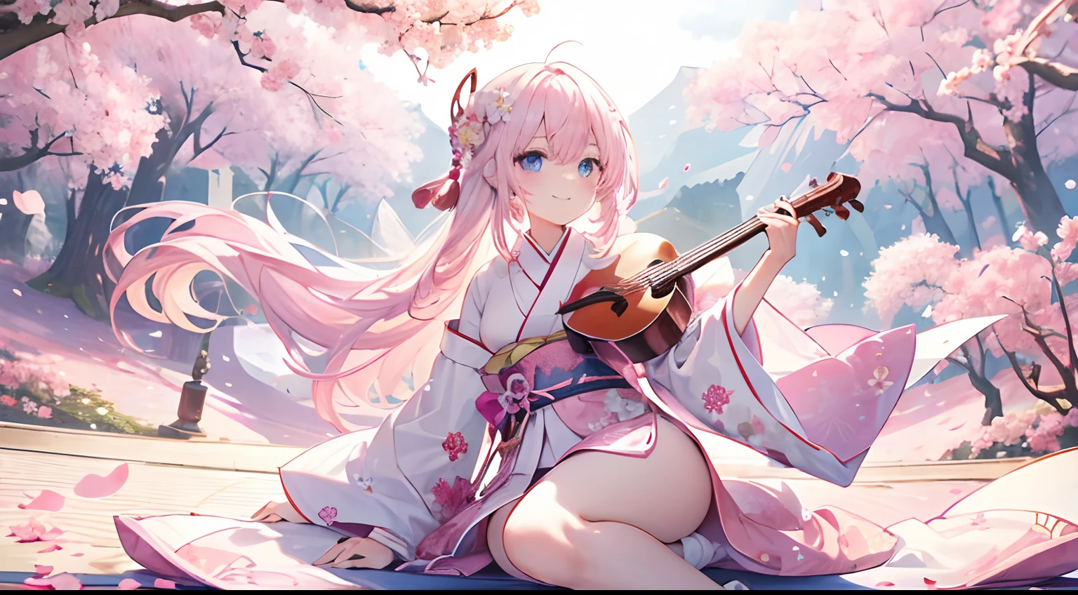 ((Pink petals bloom at the foot)) Beautiful Dancing Angel Girl, With blue eyes、With a Japanese stringed instrument、Cherry-colored amulet at the ankle、Long white hair flutters in the air, Wearing a pink kimono with a red hem,Dragon of Japan、Hareful、happy、a smile、High image quality × 1920 1080