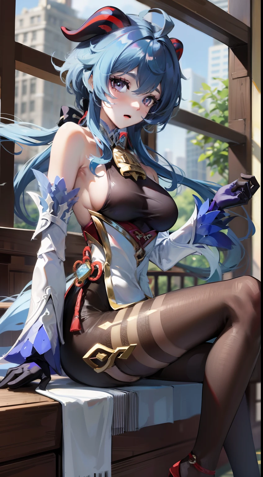 masterpiece, best quality, 1girl, solo, long hair, breasts, looking at viewer, bangs, gloves, bare shoulders, medium breasts, sitting, blue hair, purple eyes, flower, ahoge, pantyhose, detached sleeves, horns, black gloves, water, high heels, from side, black pantyhose, sideboob, ganyu (genshin impact), Ganyu,