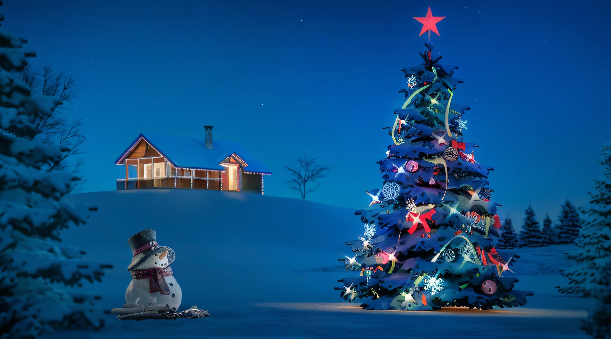 (Best quality,4K,8K,A high resolution,Masterpiece:1.2),Ultra-detailed,(Realistic,Photorealistic,photo-realistic:1.37),Christmas tree,yukito,house, snowy winter christmas night,Silent night, wallpaper - 1 0 2 4, festivity, wallpaper hd, !!Awesome!!, Highly decorated, 🕹️ 😎 🔫 🤖 🚬, Christmas, fantasia de cena de inverno, christmas lights, 4K, Ultra-high definition, 8K, High quality, multiple details, High definition