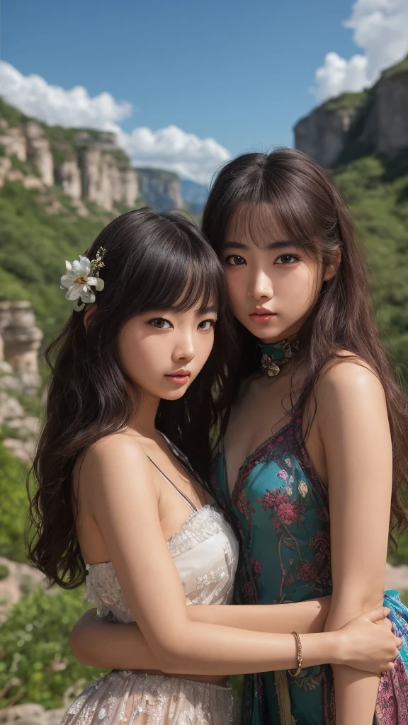 2girls,duo,8K Raw photograph,nake, ,超高分辨率, filmgrain, filmg,view the viewer, Natural skin texture,Realistic eye and face details,((Realistic:1.5)),Ulzzang-6500:1.4,((Best quality)), ((Masterpiece)),((Detailed)),{2 beautiful women}, (Upper body:1.3),Hug and touch each other, Tease your friend's waist, Breathless friends, Biting a friend's earlobe, crouched,super wide shot,Face focus, Long legs,Curvy, Barefoot,Wide hips, Thin legs, Oversized eyes,Long eyelashes, (Detailed face,beautidful eyes, detailedpupils,detailed clothes features, Clear background:1.3), (armlets, bangle:1.3), Mysterious ancient ruins, floresta exuberante, Deep canyon,bridge,River,cliff,Cloud,lakes,Rock music,Waterfalls, Flowers, Grass,grape trees,tree,bright detail,Sharp,Perfect compounding, Intricate, Sharp focus, Dramatic,