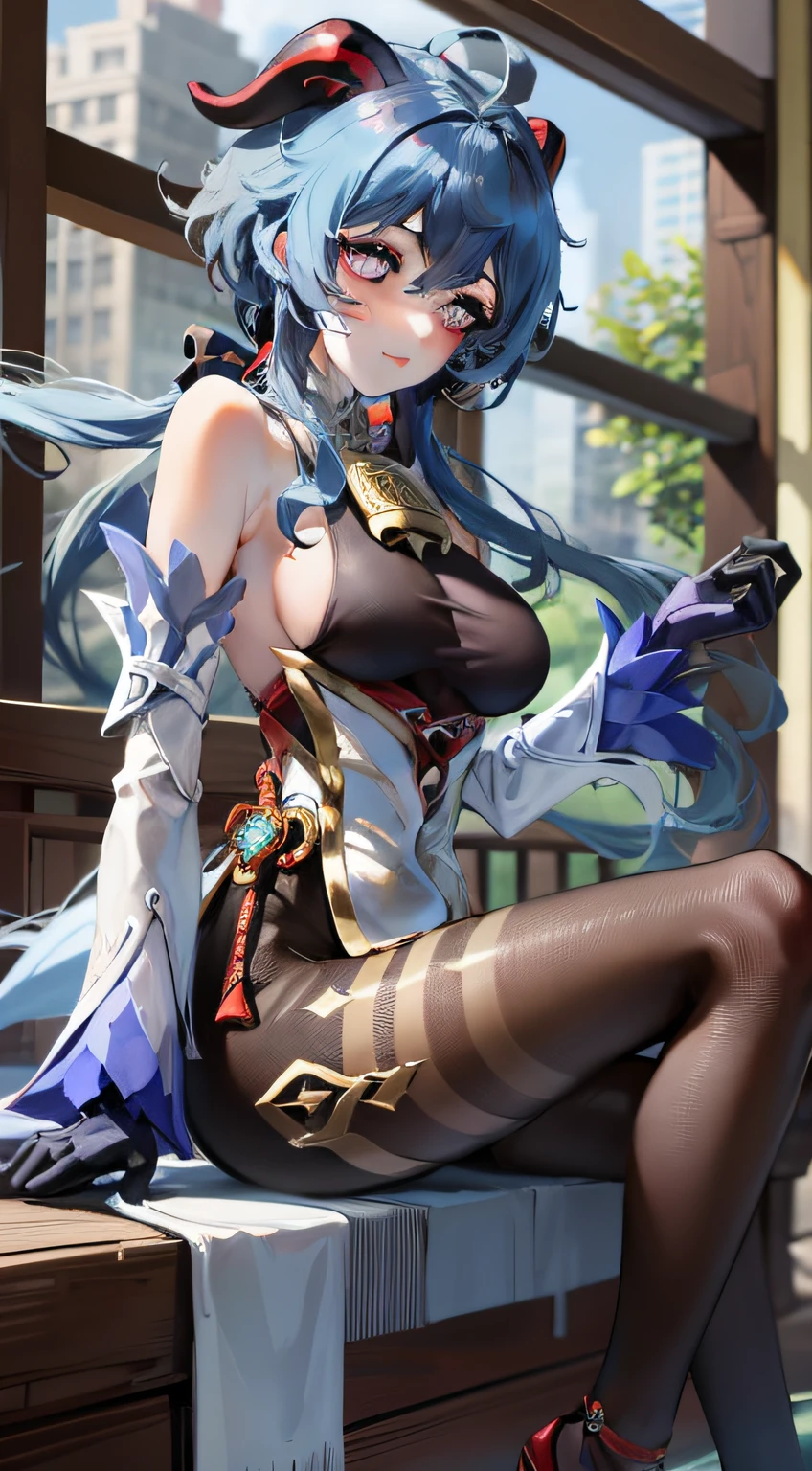 masterpiece, best quality, 1girl, solo, long hair, breasts, looking at viewer, bangs, gloves, bare shoulders, medium breasts, sitting, blue hair, purple eyes, flower, ahoge, pantyhose, detached sleeves, horns, black gloves, water, high heels, from side, black pantyhose, sideboob, ganyu (genshin impact), Ganyu,