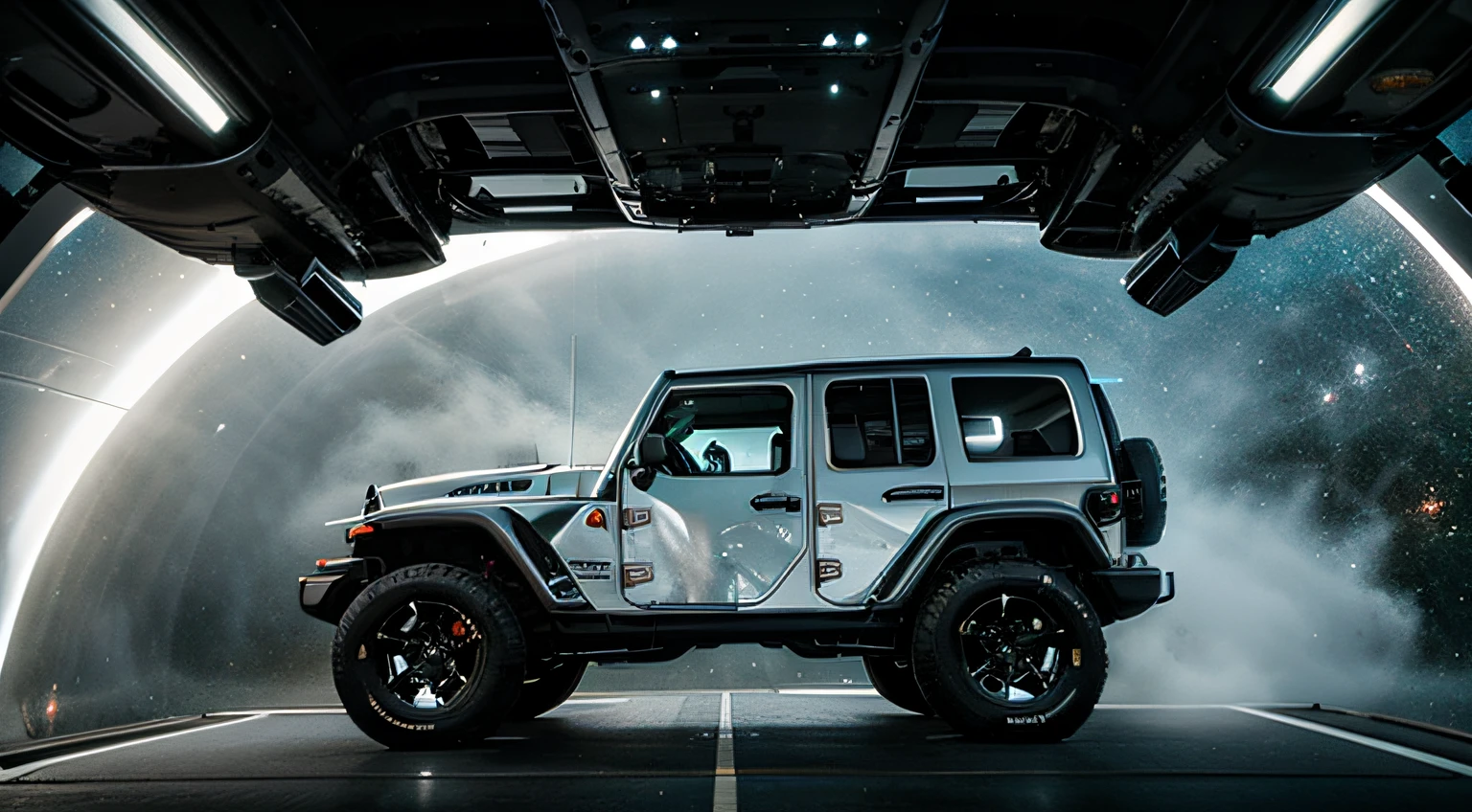 a jeep getting loaded into a space ship by using anti gravity technology