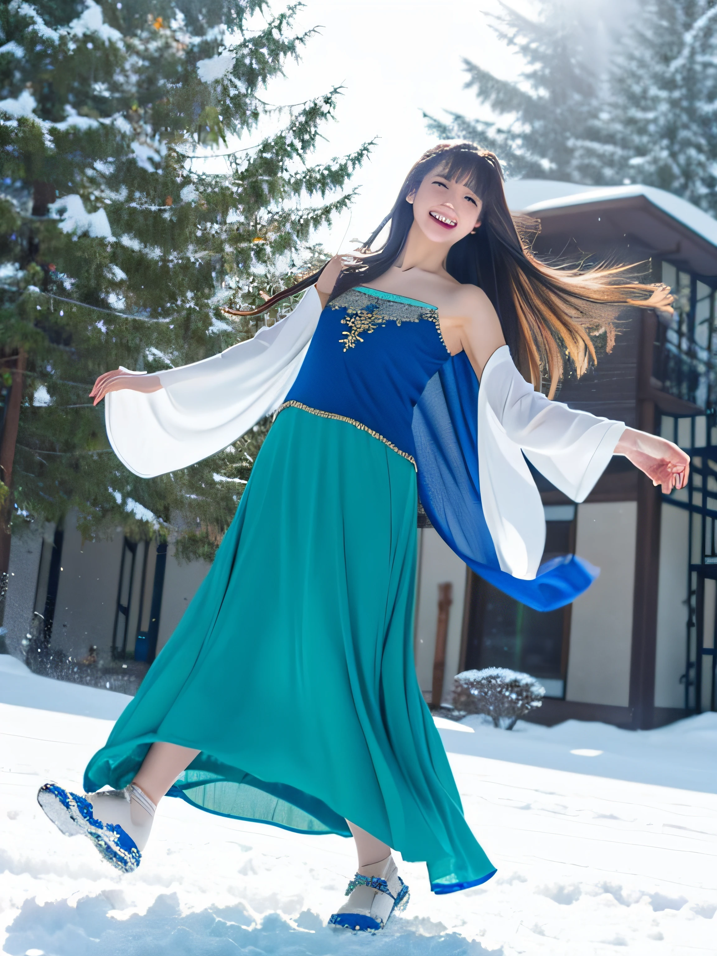 masutepiece, Best Quality, Realistic, (1 girl: 1.3), Blue gold white clothes, Shawl Long Hair, jump, jump, dance, Green Gold White Clothes, Long skirt, Long Scarf, flowing, Snow White skin, Bare shoulders, Full body, (From below:1.5), Dynamics, loimu, Particle