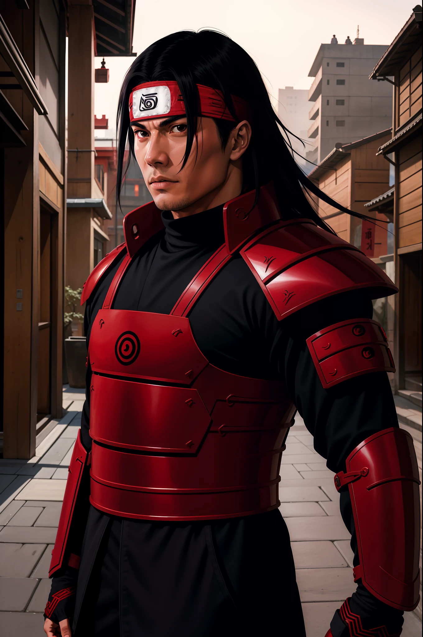 masterpiece, best quality, ultra-detailed, upper body shot, 1man, male focus, hashirama senju, wearing red armor, long black hair, Konoha headband, cool attitude, dinamic lighting, vivid colours, Urban Background ,