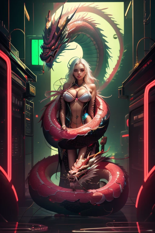 Raw photo,1girl,huge breasts,Bimbo with transparent small Chinese dragon coiled around her body, Transparent mechanIsm, Cyberpunk, Dreamy glow, Luminous neon lights,  high details, Masterpiece, Best quality, hyper HD, lighting cinematic,gold and red light