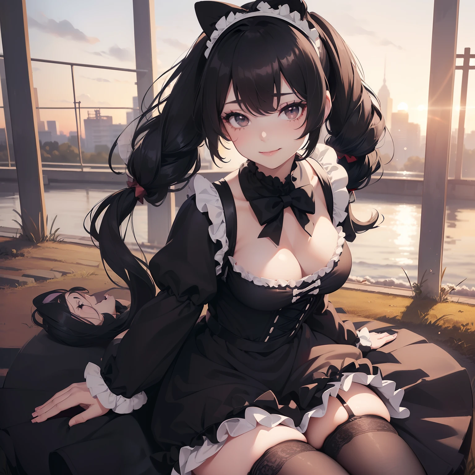(((((Solo))))), Woman with black hair in twin tails, ((hair covering 1 eye)), ((wearing black and white lolita dress)), (bow accessory), (black eyes), (((C cups)), ((curvy)), (stockings), at a park, sunset, beautiful lighting, perfect hands, beautiful eyes, sparkling eyes, sexy face, seductive pose, ((mature woman)), smiling, ((mature woman alice))