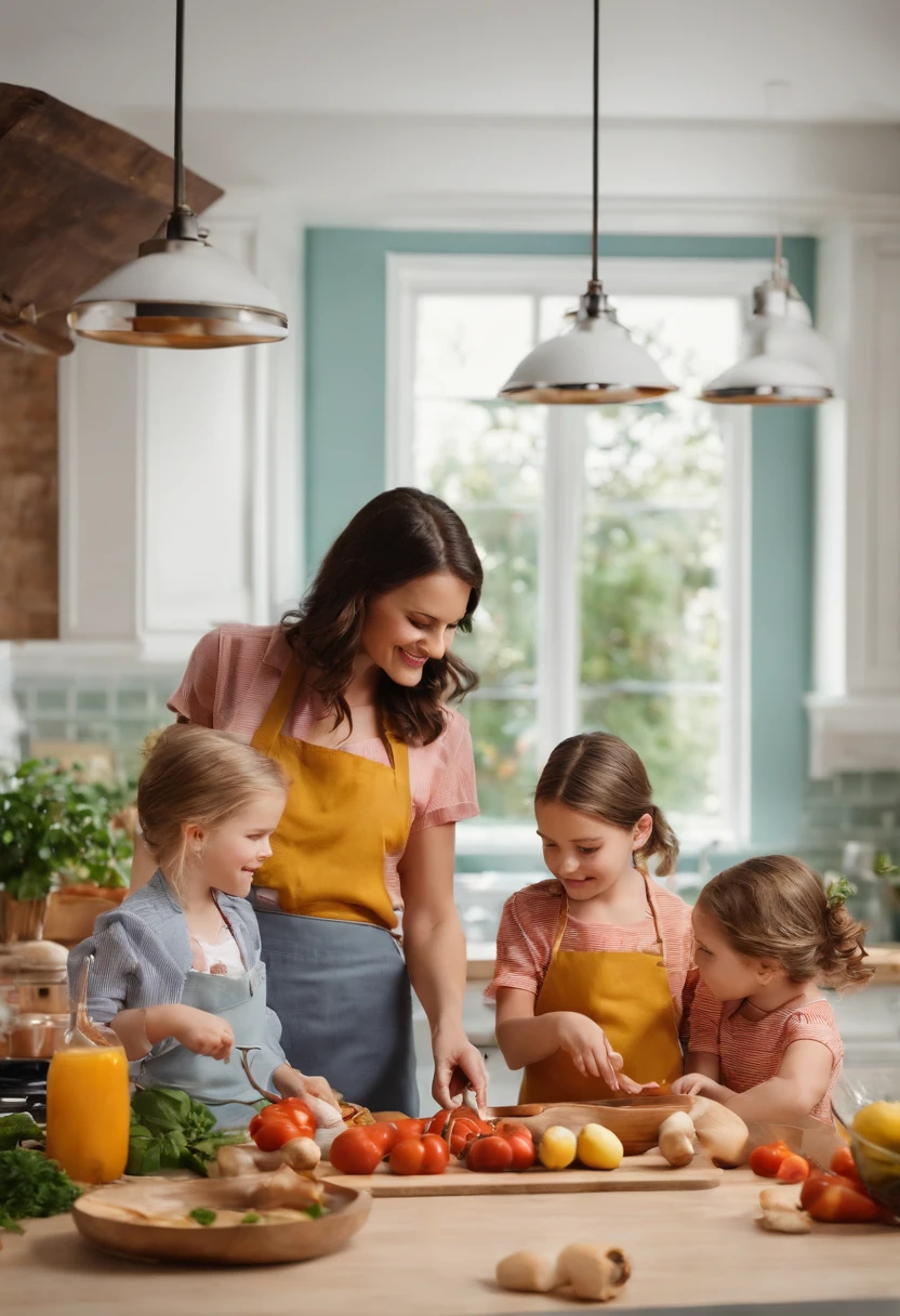 Mom and  cook，Bright tones，the background is clean