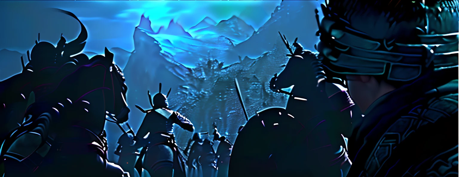 A group of Han Dynasty soldiers in Han Dynasty armor,Sunset mountains in the background, The flag of the Han army fluttered,An epic scene of an expedition of soldiers from the Han Dynasty, epic battle scene, epic battle scene, in screenshot from the 300 movie, background of invading army, stunning vfx, movie screencap, the night war rages behind him, detailed cinematic shot, invading army background, epic scene full of computers