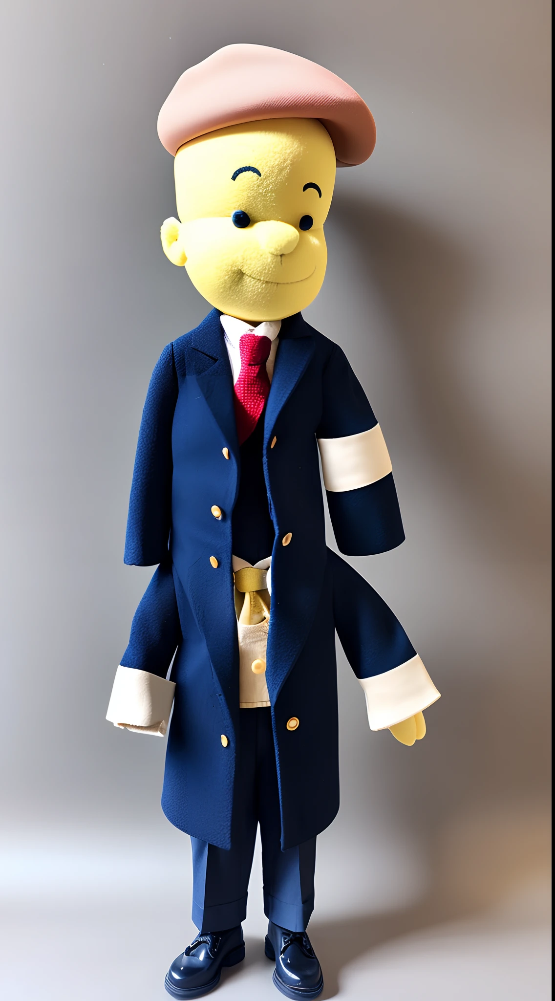 Mr. Bald, Slim build, full body with beret and cream-colored dress
