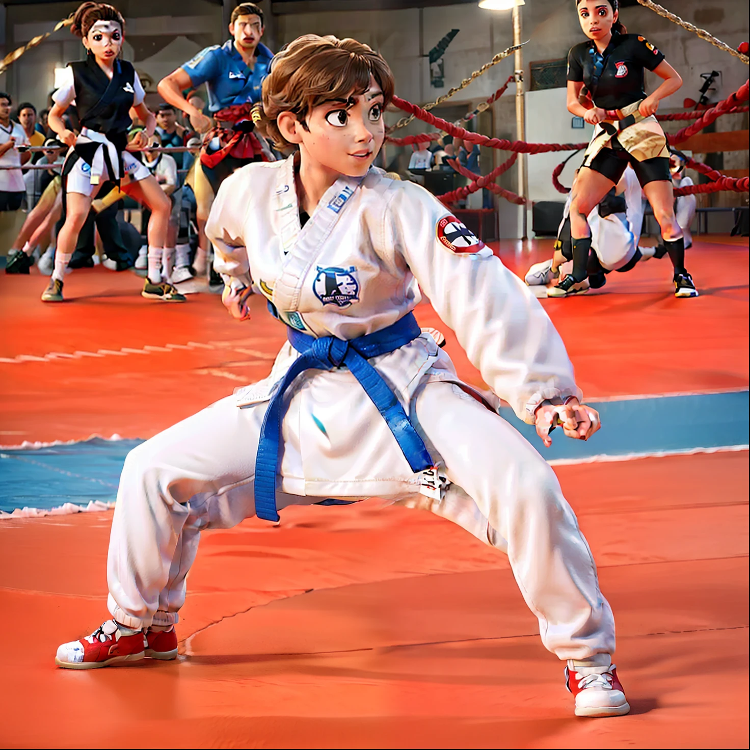 Araffes in a karate pose on a red carpet, torneio de artes marciais, Karate, vestindo um gi branco, em uma postura de luta, icaro carvalho, Directed by: Felipe Seade, Caroline Gariba, dynamic action shot, em pose de luta, postura poderosa, in an action pose, champion, karate outfit, Malika Favre, andrea rocha