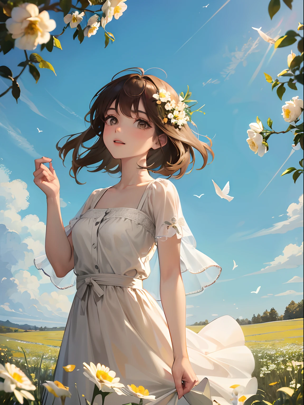 High Detail, Ultra Detail, Ultra High Resolution Light brown eyebrows, short brown hair girl enjoying her time in open field, surrounded by the beauty of nature, warm sun sprinkling on her, white flowers gently swaying in the breeze. Butterflies and birds flutter around her, adding to the playful atmosphere , --v6