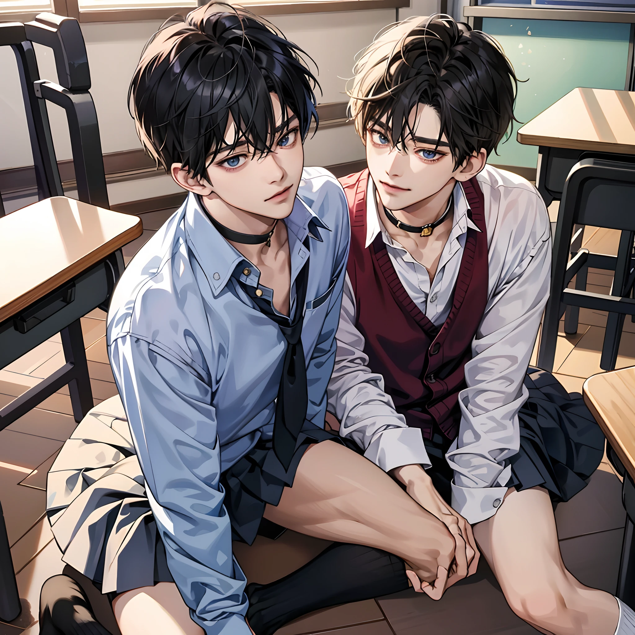 Classroom at dusk、Student sitting at desk, made with anime painter studio, Anime Realism Style, Realistic anime art style, painted in anime painter studio, Inspired by Kim Taehyung, In an anime style, anime handsome guy, Inspired by Kim Taehyung, anime realism、Black hair、Loose socks、Simple School Uniform、a miniskirt、A smile、a choker、Multiple piercings、Loose socks、One guy