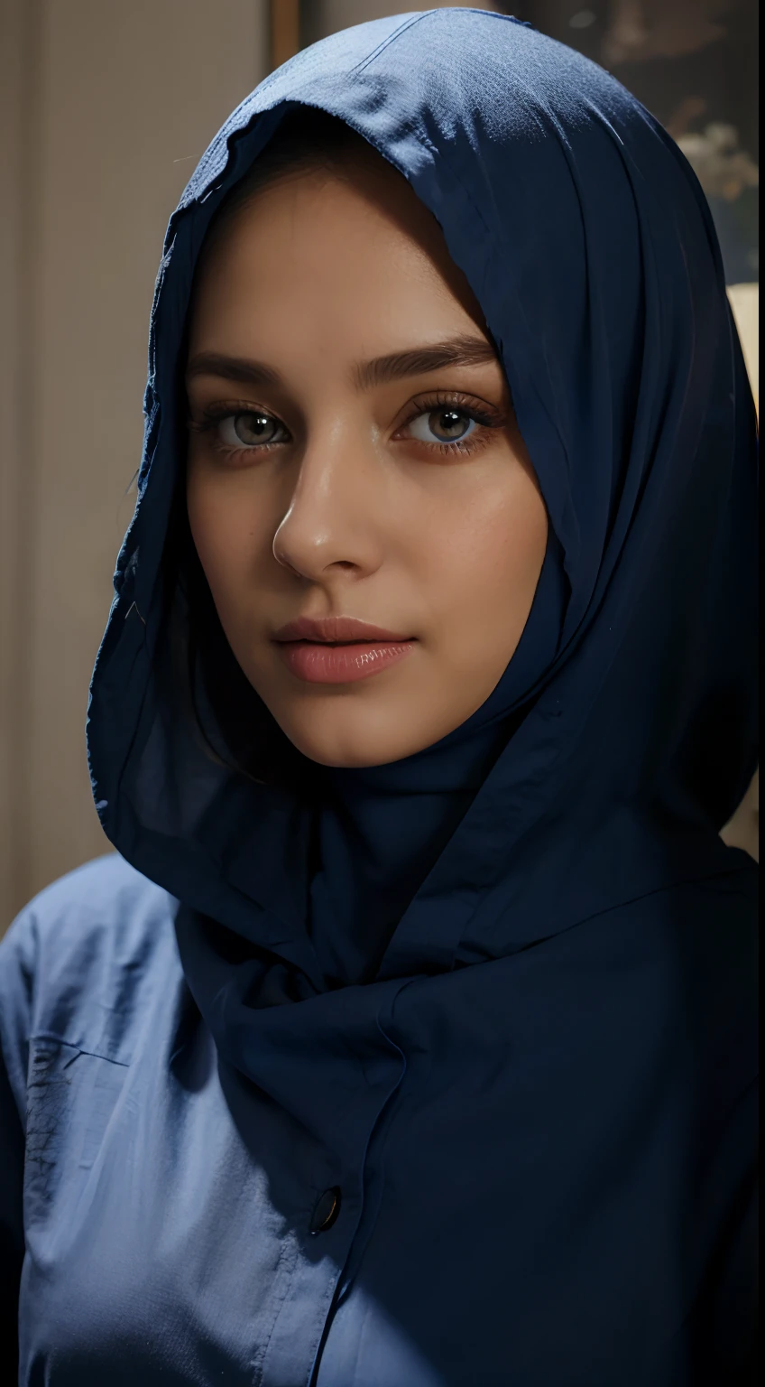(meilleure qualité,haute résolution),moyen:peinture à l&#39;huile,[Belle femme], [hijab], [vêtements bleus], [vêtements rouges], [Yeux et visage détaillés], [couleurs vives], [Éclairage doux]