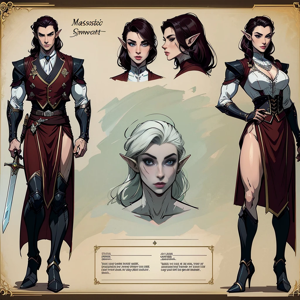 ((Masterpiece, Highest Quality)), Detailed Face, Character design sheet, full bodyesbian, Full of Details, frontal view, Rear view of the torso, Highly detailed, depth, many details, ((character concept art)), ((Character design sheet, same character, front, side)) Video game character design, Rolois, half-elf, Arrogant, Dark hair, waistcoat, long sleeves, pale skin, sword, scar on face