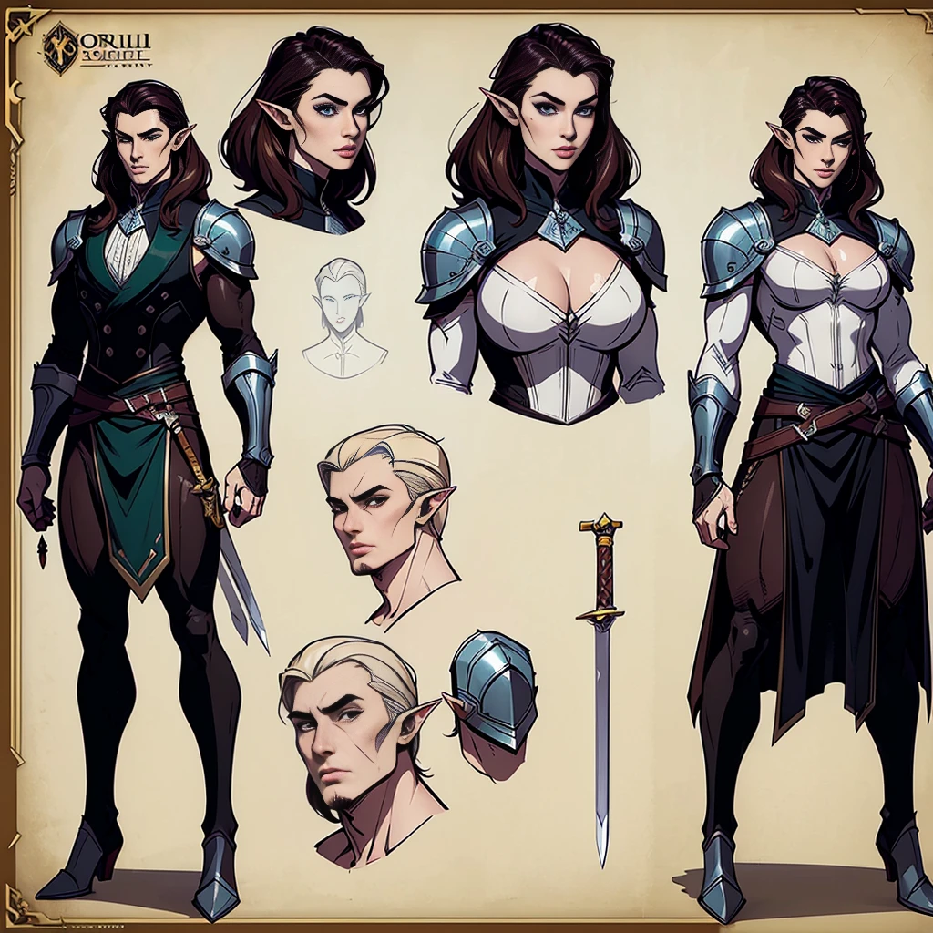 ((Masterpiece, Highest Quality)), Detailed Face, Character design sheet， full bodyesbian, Full of Details, frontal view, Rear view of the torso, Highly detailed, depth, many details, ((character concept art)), ((Character design sheet, same character, front, side)) Video game character design, Rolois, half-elf, Arrogant, Dark hair, waistcoat, long sleeves, pale skin, sword, scar on face