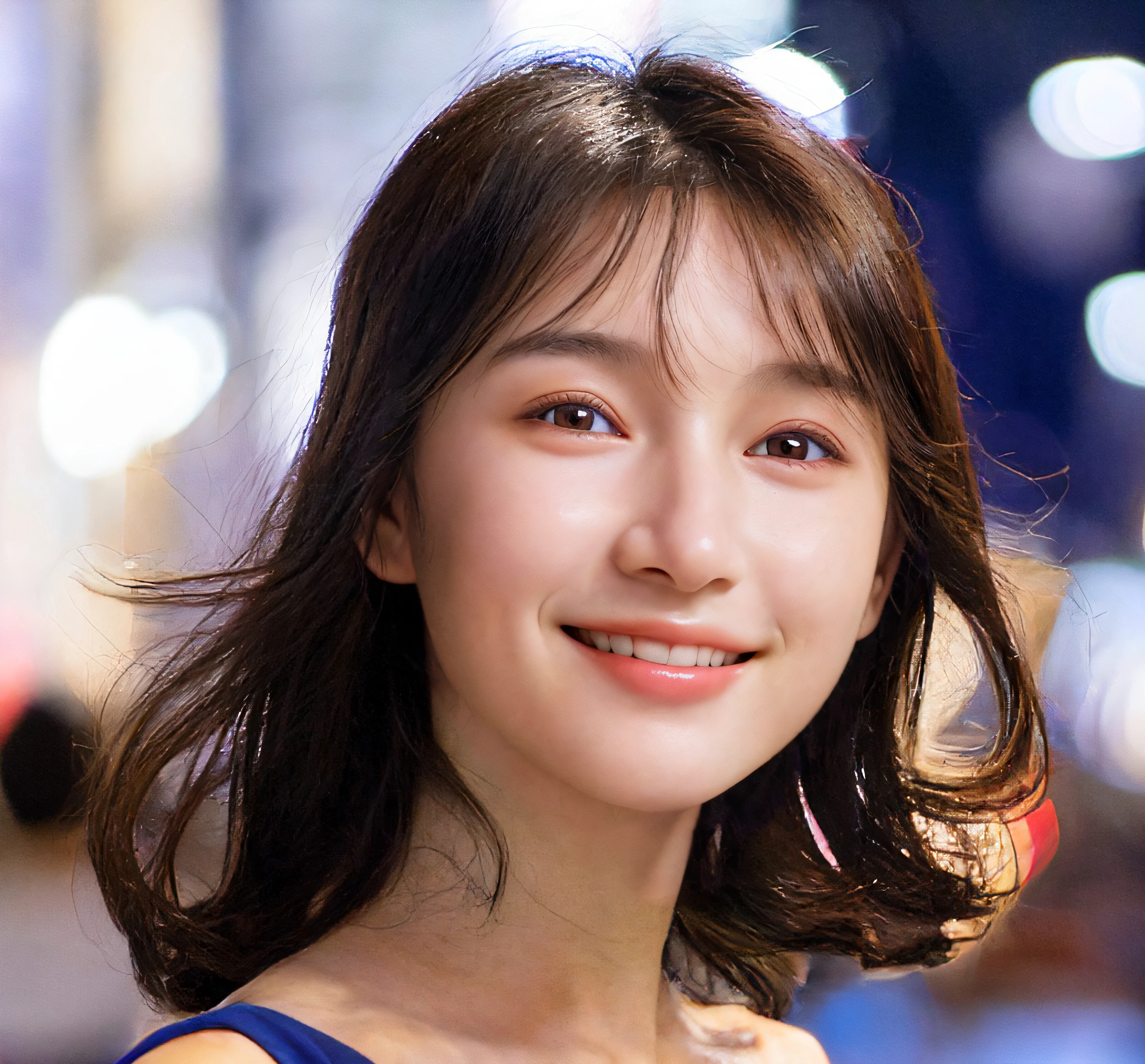 Turn right、No bangs、Forehead、smil、In a natural、nose and mouth small、Eyes, nose and mouth in the center of the face,best quality, ultra high res, masterpiece, 1girl, woman, , tender smile,(photorealistic:1.4) , looking at viewer, cute face, (loli), dramatic lighting, (natural skin texture, hyperrealism, soft light, sharp)
