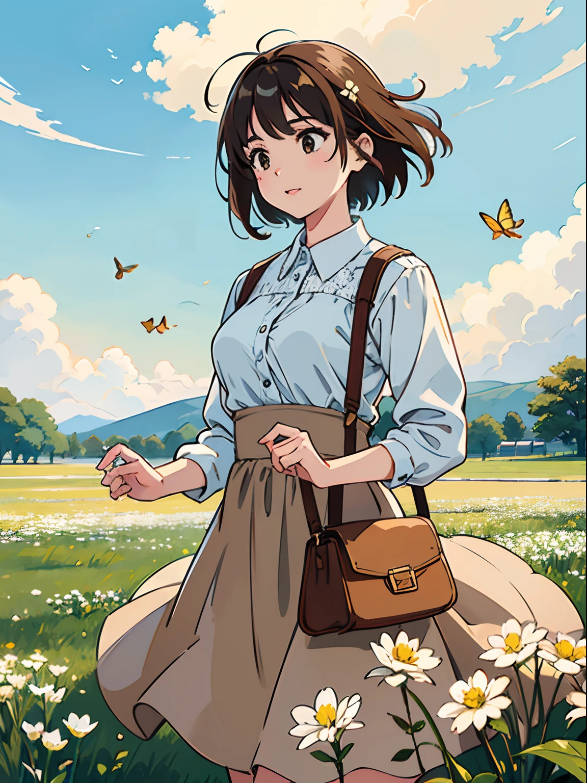 High Detail, Ultra Detail, Ultra High Resolution Light brown eyebrows, short brown hair girl enjoying her time in open field, surrounded by the beauty of nature, warm sun sprinkling on her, white flowers gently swaying in the breeze. Butterflies and birds flutter around her, adding to the playful atmosphere , --v6