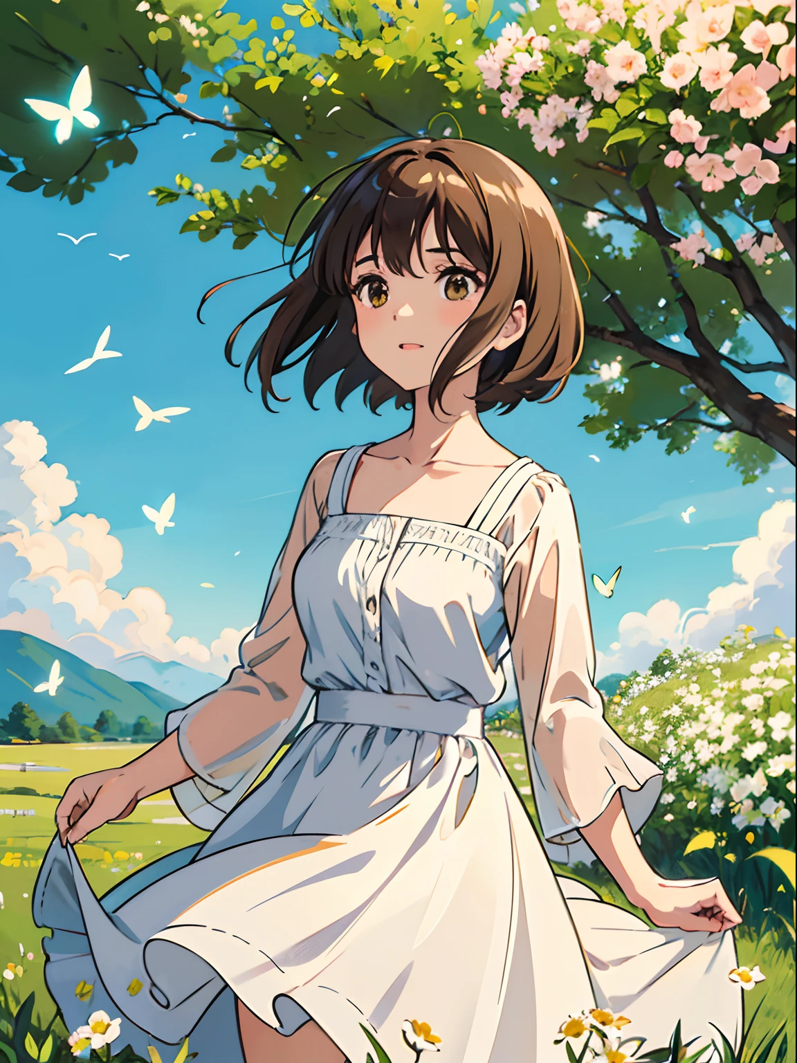 A woman in a white dress standing in a field of flowers - SeaArt AI