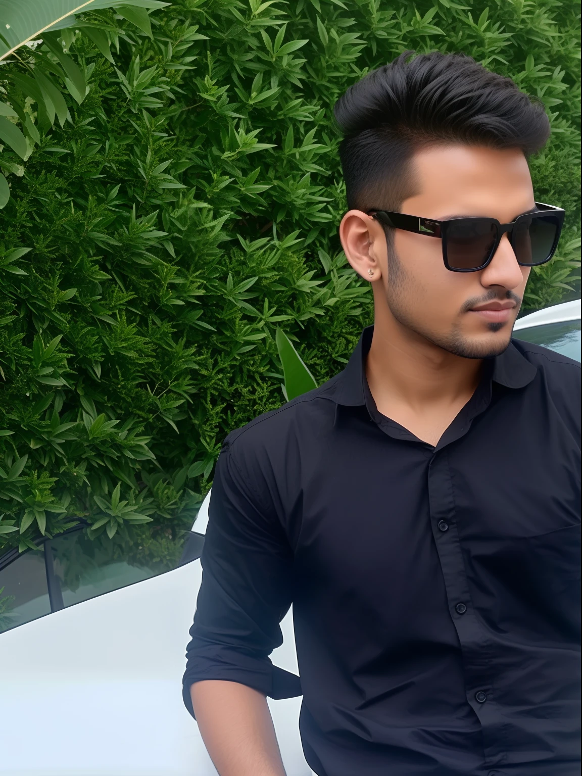 araffe man standing in front of a white car with a black shirt and sunglasses, full body picture, taken with sony alpha 9, wearing a black shirt, candid picture, with a cool pose, wearing a dark shirt and jeans, attractive and good looking, khyzyl saleem, mohamed chahin style, front profile!!!!, wearing in shirt, competition winning
