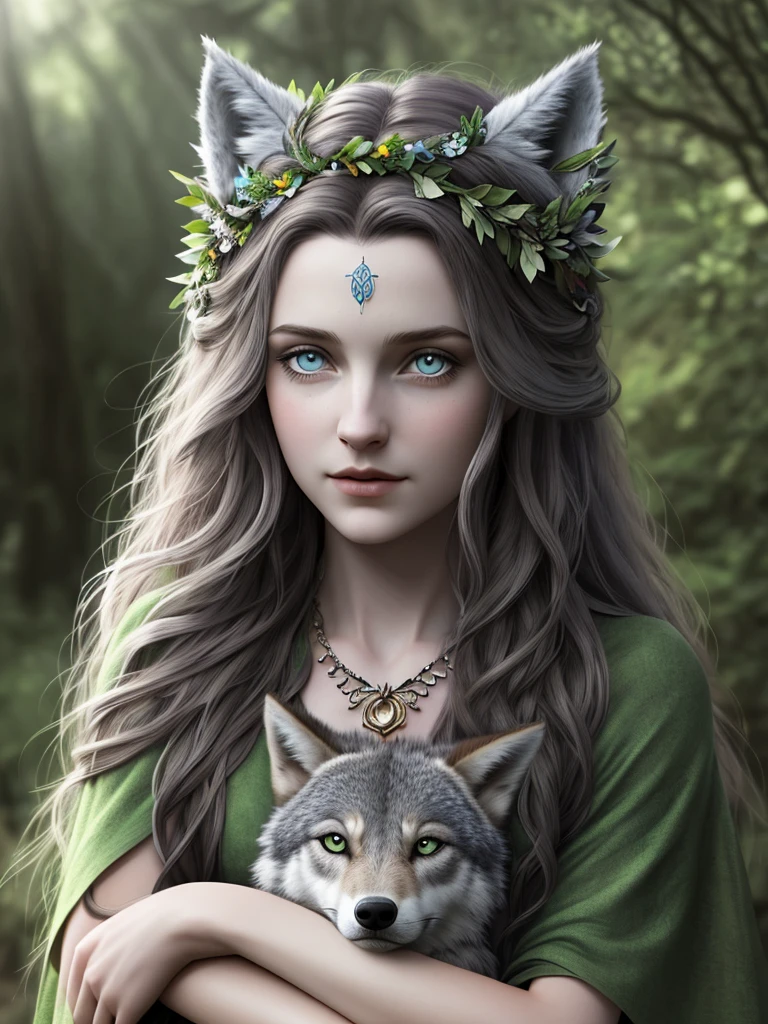 (Beautiful Druidic Girl:1.3) hugging a wolf  (the Extremely Detailed CG Unity 8K Wallpapers,masutepiece, Best Quality, Ultra-detailed, Beautiful detailed eyes:1.2),Best Illumination, (Best Shadow, extremely delicate and beautiful, bloom), masutepiece, Best Quality:1.1, Realistic:1.3, Cinematic lighting:1.2, In a dark cave:1.5, ultra photoreal, Photorealistic:1.0, Sharp Focus: