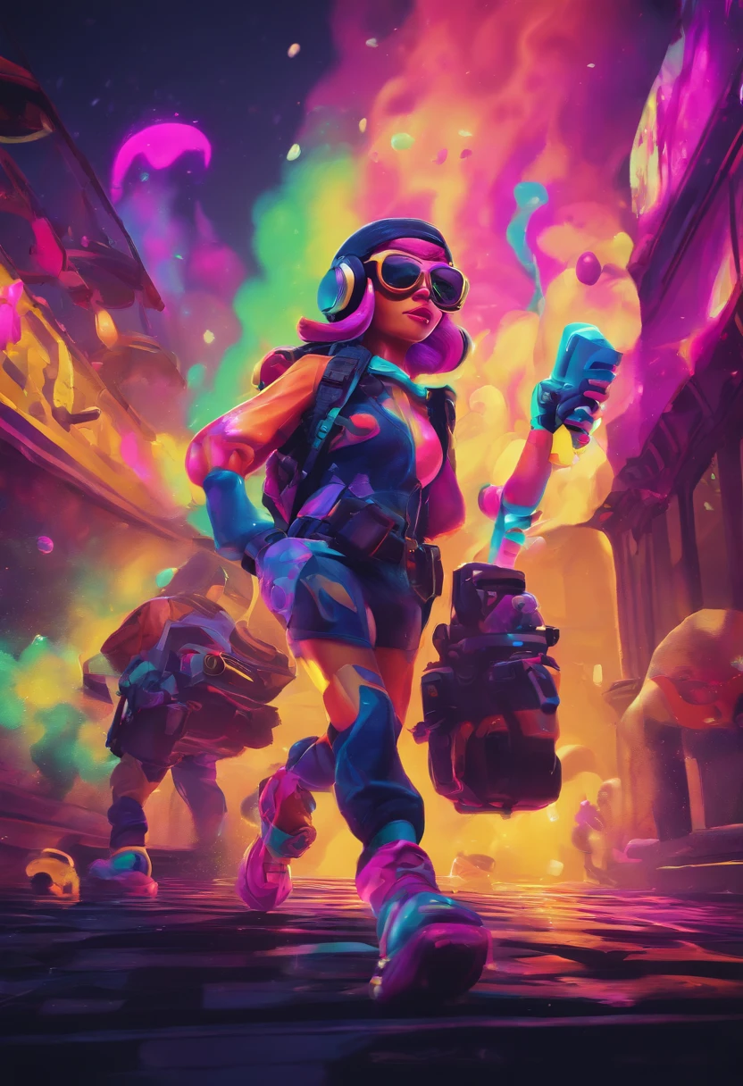 Splatoon　Bold neon colors, Splash Art, Splattered neon colors, (Iridescent glowing smoke) ((Motion Effect)), Best Quality, Wallpaper Art, nffsw, Center Image, M Schiffer Art, ((Flat color)), (cel-shading style) Very bold neon colors, (High color saturation) sloping, Psychedelic environment