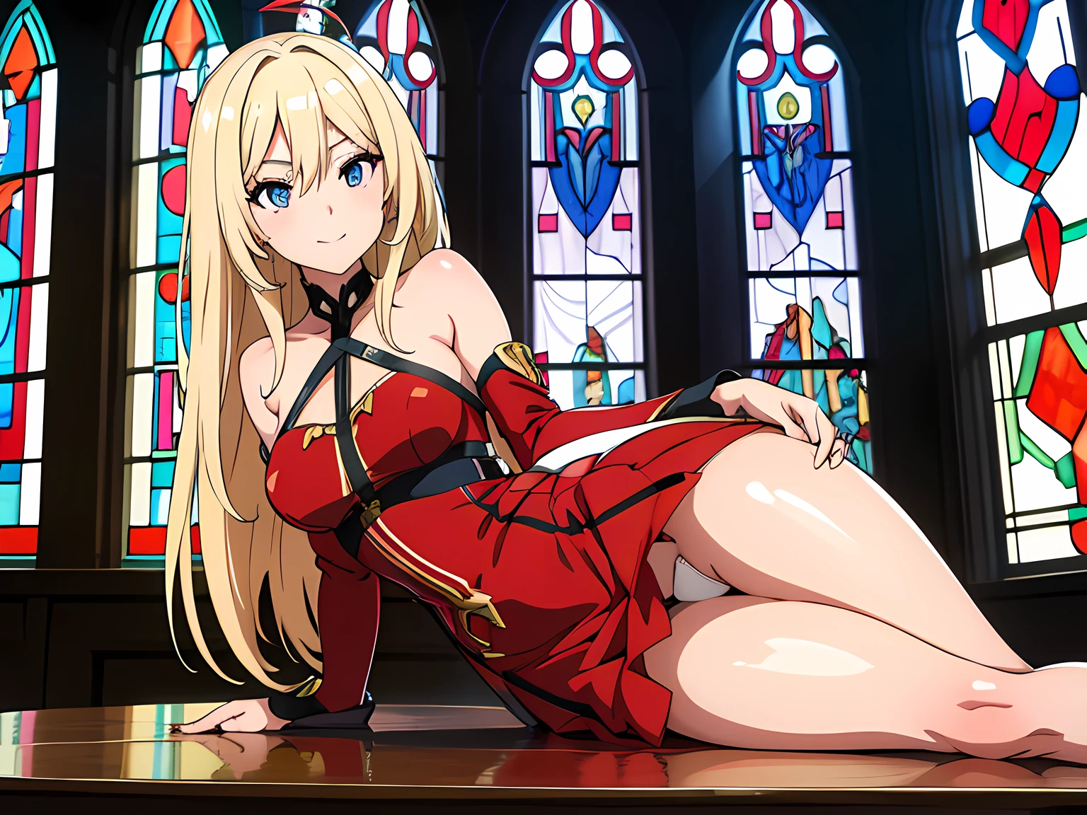 anime girl with long blonde hair, beautiful eyes finely detailed, toothy smile, wearing red dress standing in front of you, lying on the table, leaning towards you, standing in front of stained glass windows, (half body:0.6), anime best girl, masterpiece sidelighting, masterpiece, top-quality, detailed, High resolution illustration