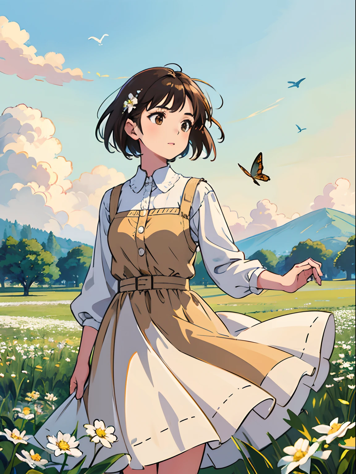 High Detail, Ultra Detail, Ultra High Resolution Light brown eyebrows, short brown hair girl enjoying her time in open field, surrounded by the beauty of nature, warm sun sprinkling on her, white flowers gently swaying in the breeze. Butterflies and birds flutter around her, adding to the playful atmosphere , --v6