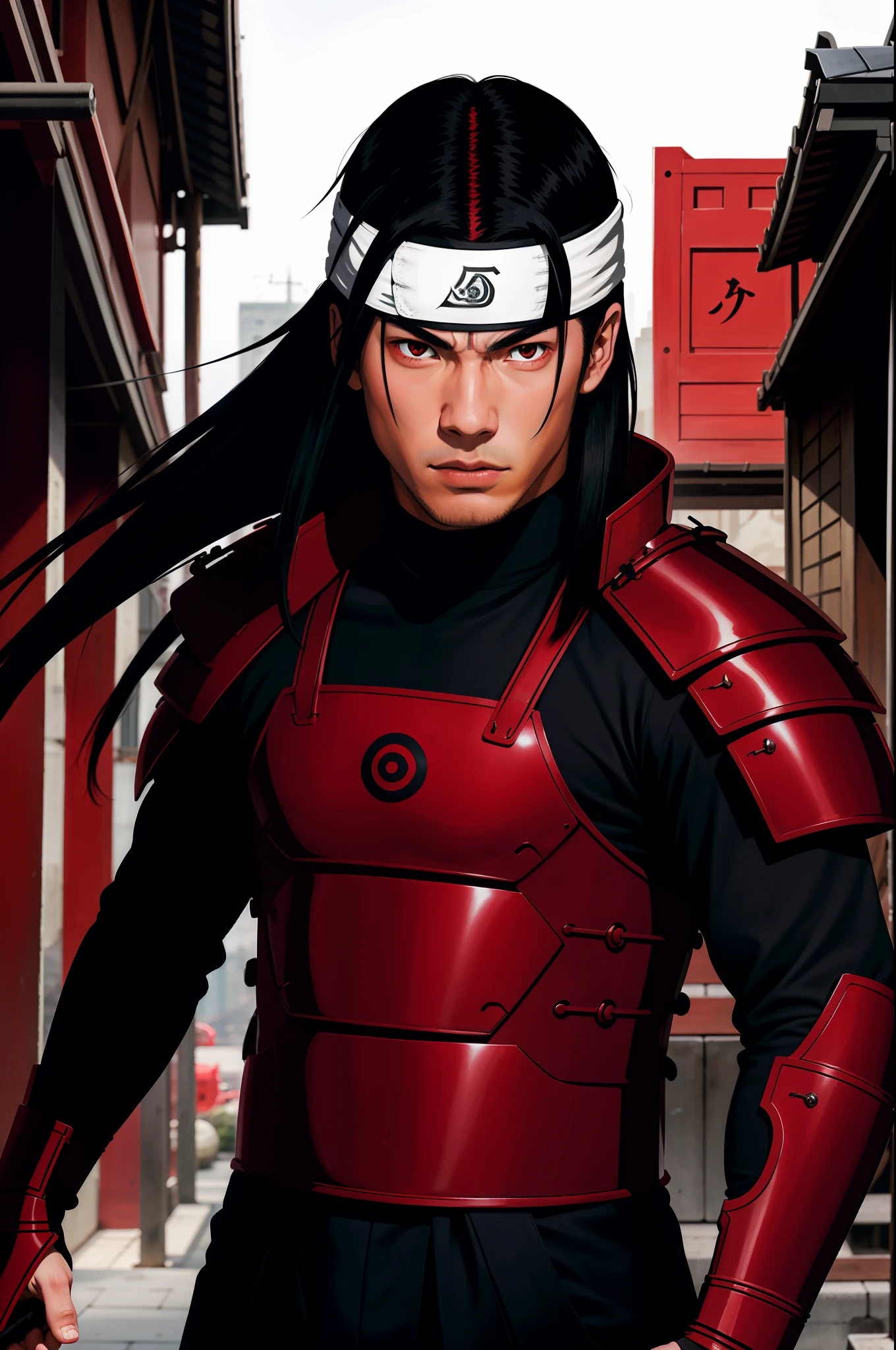 masterpiece, best quality, ultra-detailed, upper body shot, 1man, male focus, hashirama senju, wearing red armor, long black hair, Konoha headband, cool attitude, dinamic lighting, vivid colours, Urban Background ,