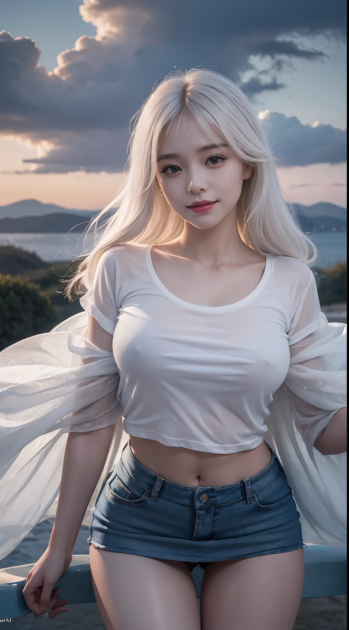 (Photorealcitic:1.4), (The highest image quality:1.0), (超High resolution A:1.0), 8K, Raw-Photo, (masterpiece:0.2), (pureerosface_v1:0.5)、(Best Quality Detail:1.2)、realisitic、8K UHD、Hight Resolution、(1girll:1.2)、The ultra-detailliert、High quality textures、delicate detail、The Details、super detailed CG、High quality shadow、Detail : beautiful delicate face、Detail : beautiful delicate eyes、depth of fields、Ray traching,1girll, beautiful skin, face the front, skyporn, magic hour, (realisitic:1.3), finelydetail, (Photorealistic:1.2), (Best Quality), (intriciate detail), (Sexy Round T-Shirts:1.3), (short miniskirt:1.3), (tits huge:1.2), Glossy breasts, (White hair), (She is wearing underwear), (smaller face:1.3), (Beautiful smile), (skin luster:1.5), 25yo female, Surfboard with huge clouds in blue sky,