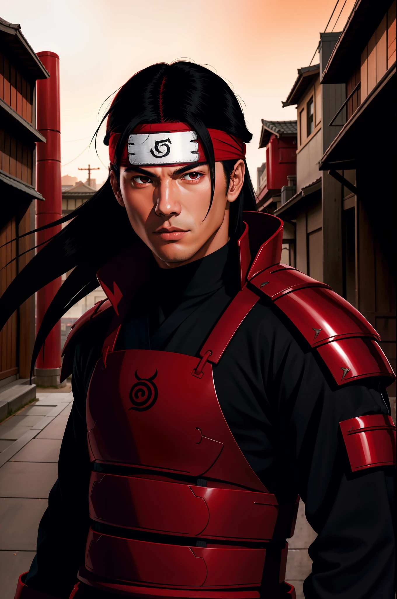 masterpiece, best quality, ultra-detailed, upper body shot, 1man, male focus, hashirama senju, wearing red armor, long black hair, Konoha headband, cool attitude, dinamic lighting, vivid colours, Urban Background ,