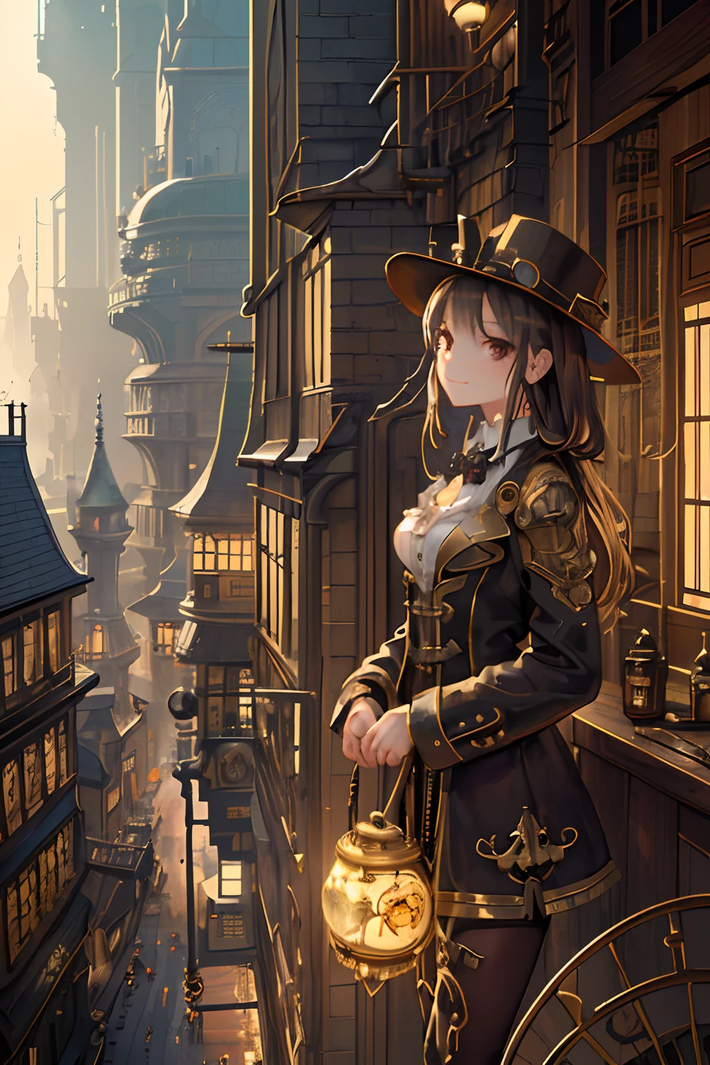 Create an illustration depicting a  overlooking a steampunk cityscape. The girl should be standing in a vantage point, Rooftops, bridges, etc., Look down on the intricately designed steampunk city below. The cityscape should be meticulous and detailed, Showcase the intricacies of gears, pipes, And glamorous architecture. Her expression was、It should be one of the surprises and curiosities when observing a bustling city full of mechanical wonders, blimp, And glamorous architecture. Surround the scene with a warm atmosphere, Golden light to enhance the atmosphere, Emphasize brass and copper tones of steampunk elements. Capturing the adventurous spirit and charm in the eyes of a girl, Reflecting the charm of the fantastic steampunk world around her. The whole illustration should have a nostalgic vibe, Girl smiles