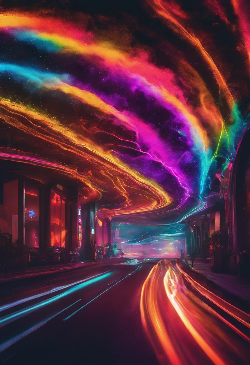 Splatoon Bold neon colors, Splash Art, Splattered neon colors, (Iridescent glowing smoke) ((Motion Effect)), Best Quality, Wallpaper Art, nffsw, Center Image, M Schiffer Art, ((Flat color)), (cel-shading style) Very bold neon colors, (High color saturation) sloping, Psychedelic environment