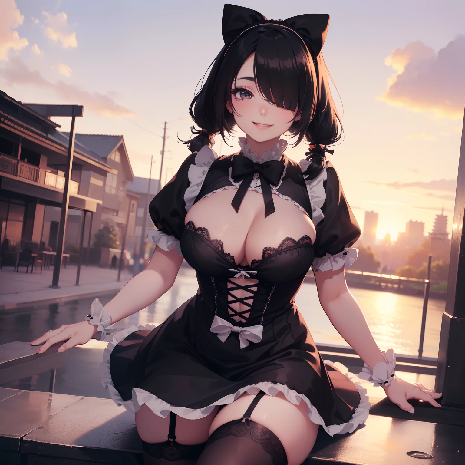 (((((Solo))))), Woman with black hair in twin tails, ((hair covering 1 eye)), ((wearing black and white lolita dress)), (bow accessory), (black eyes), (((C cups)), ((curvy)), (stockings), at a park, sunset, beautiful lighting, perfect hands, beautiful eyes, sparkling eyes, sexy face, seductive pose, ((mature woman)), smiling, ((mature woman alice))