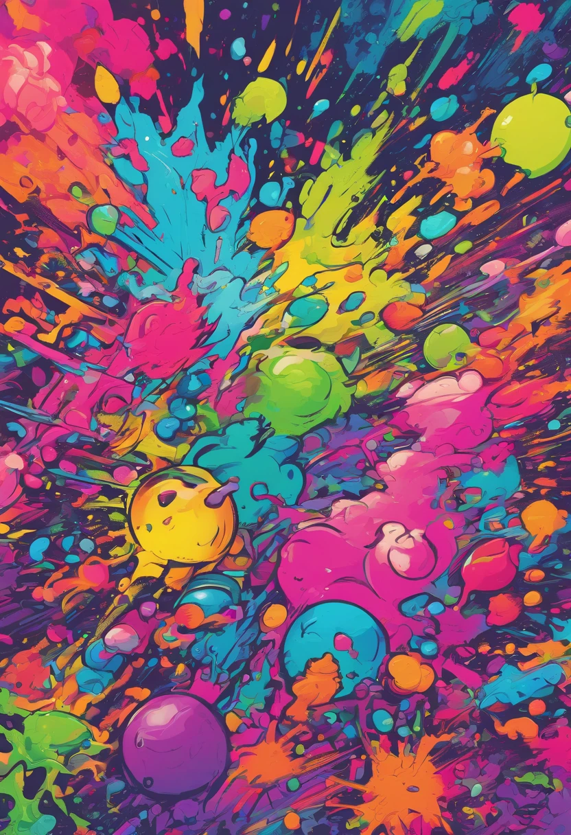 Splatoon Bold neon colors, Splash Art, Splattered neon colors, (Iridescent glowing smoke) ((Motion Effect)), Best Quality, Wallpaper Art, nffsw, Center Image, M Schiffer Art, ((Flat color)), (cel-shading style) Very bold neon colors, (High color saturation) sloping, Psychedelic environment