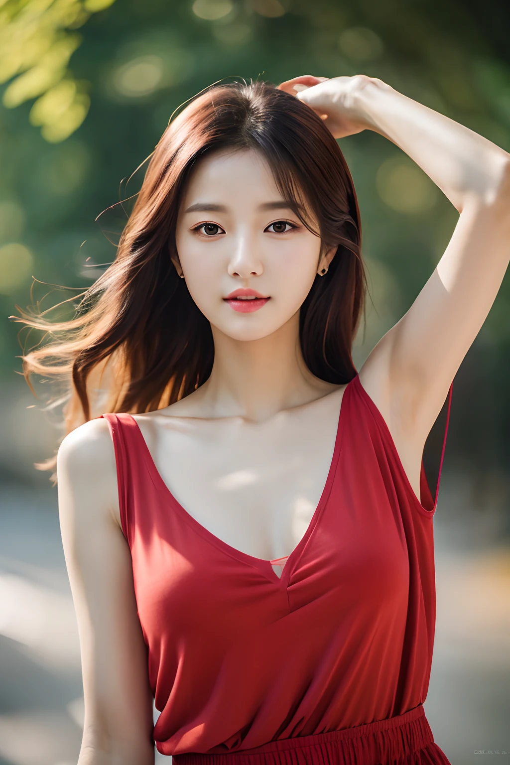 good hand,4k, high-res, masterpiece, best quality, head:1.3, (Korean idol), finely detailed skin, sharp focus, (cinematic lighting), collarbone, morning, soft lighting, medium hair, dynamic angle, [:(detailed face:1.2):0.3], armpit crease, thigh gap, red clothes, slender, outdoors